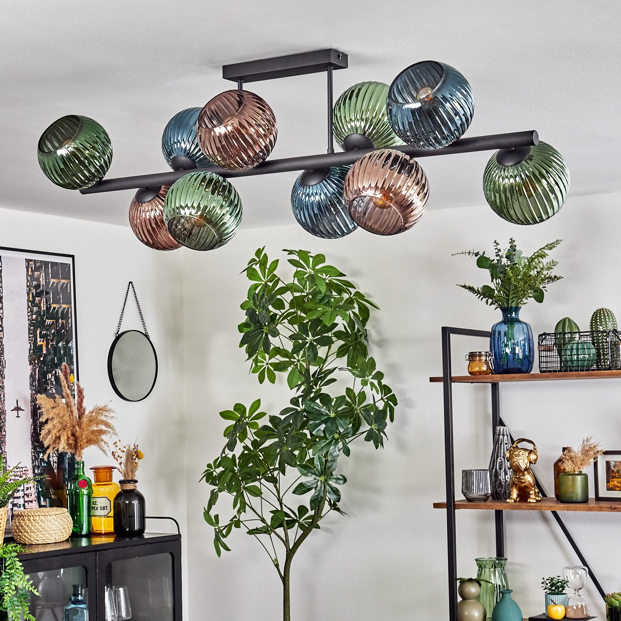 hofstein Deckenleuchte Deckenlampe aus Metall/Glas in Schwarz/Grün/Blau/Kupferfarben, ohne Leuchtmittel, Leuchte im Retro/Vintage-Design mit Glasschirmen (25 cm), 4 x E27