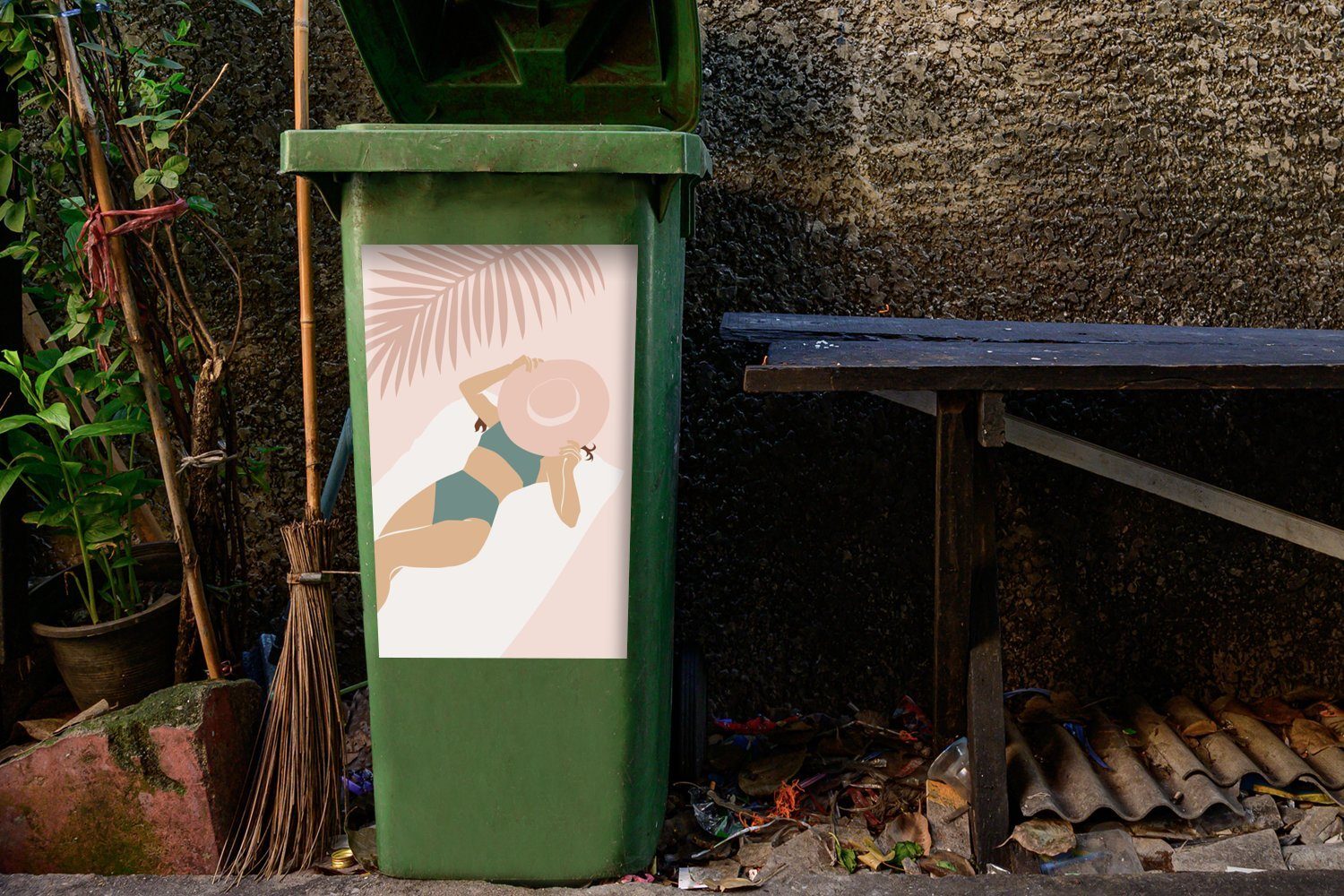 MuchoWow Wandsticker Frau - St), Abfalbehälter (1 Mülleimer-aufkleber, Container, Sticker, Hut - Strand Mülltonne