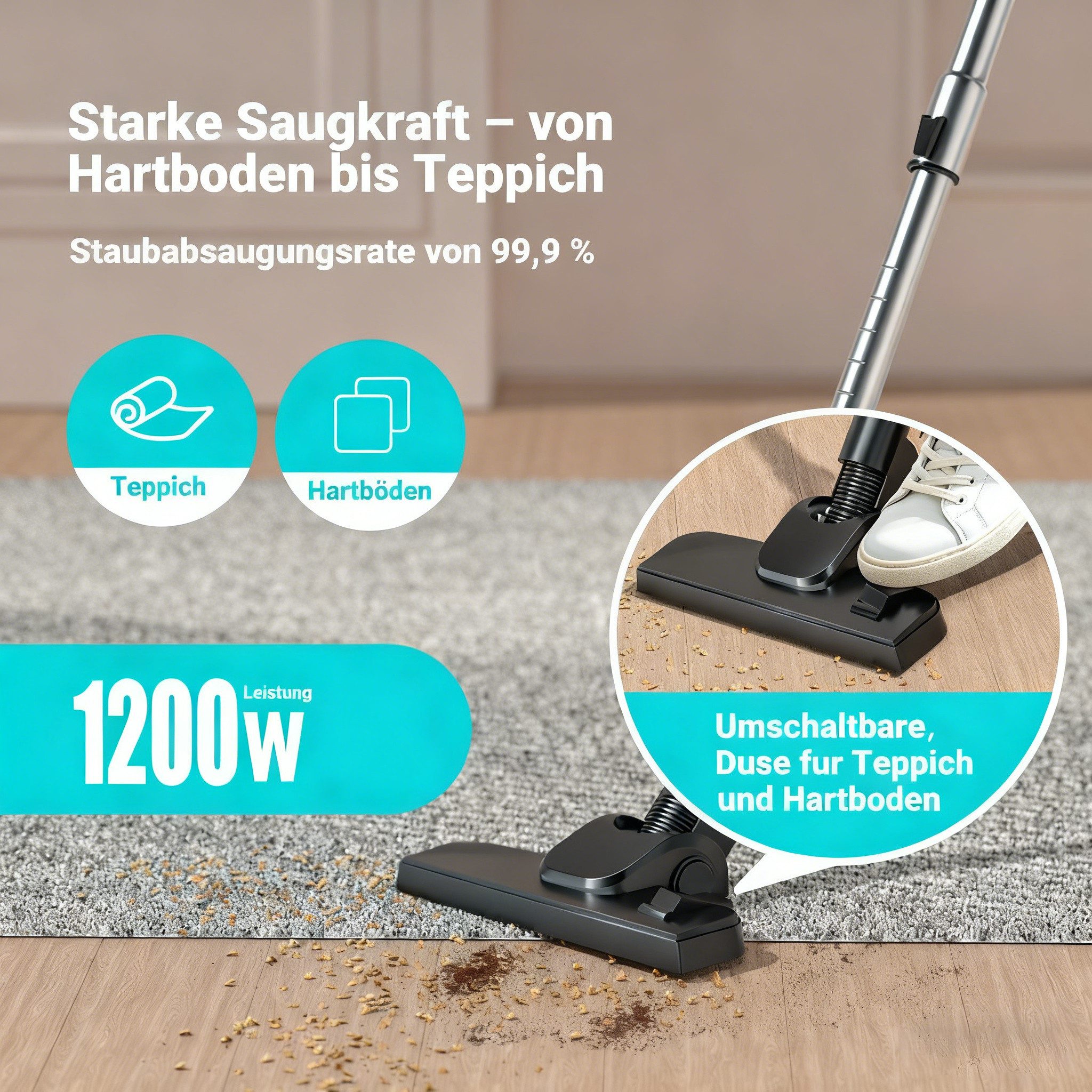 wohnTRAUM24 Bodenstaubsauger Staubsauger mit Beutel,Bodenstaubsauger, kompakt, 1200 W, beutellos, Leicht und tragbar,Starke Saugkraft,Betriebsgeräusch unter 70 Dezibel