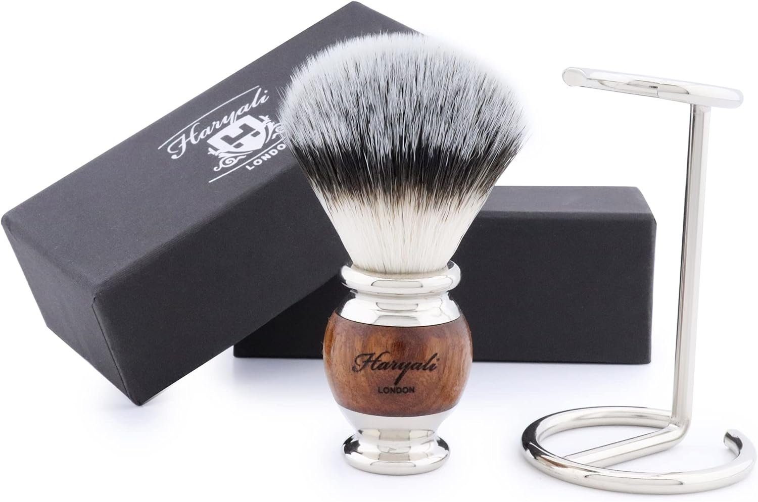 Haryali London Rasierpinsel Syntactic Silver Tip Grooming Herren-Rasierpinselset mit Halter, Pinselset, 2 tlg., 1 x Synthetikpinsel, 1x Pinselhalter, perfekt für ein erstklassiges Premium-Rasierergebnis