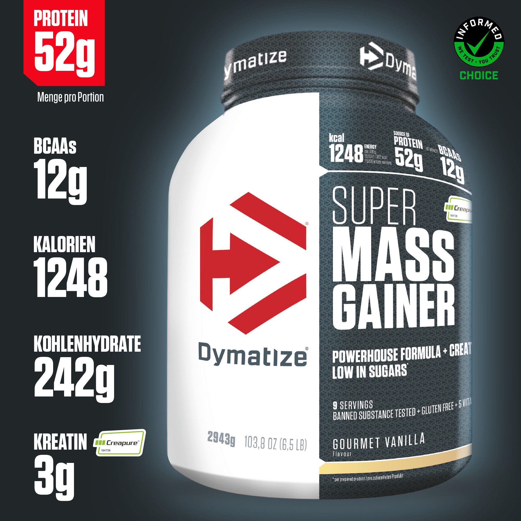 Dymatize Weight-Gainer Pulver Super Mass Kohlenhydrate Gourmet Vanilla 2943 g Pulver, 2943 g