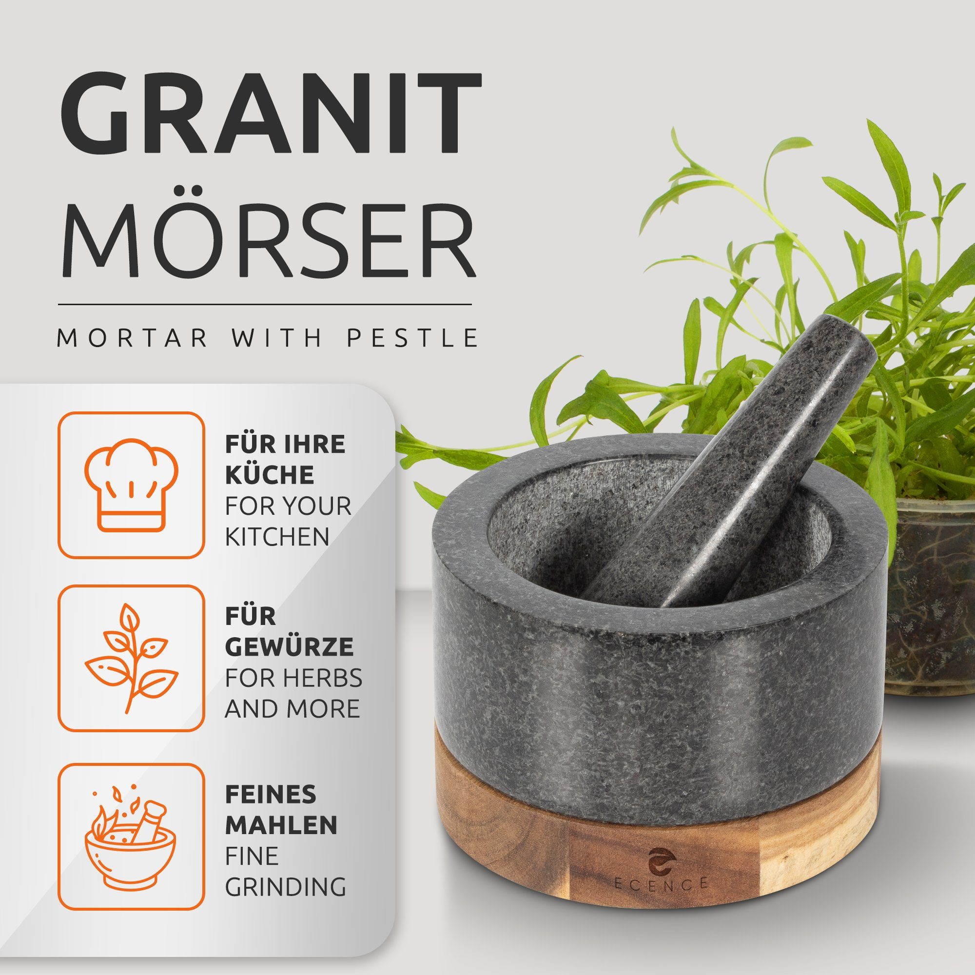 Mortar aus ECENCE Stößel and Granit & Mörser Mörser mit Holz