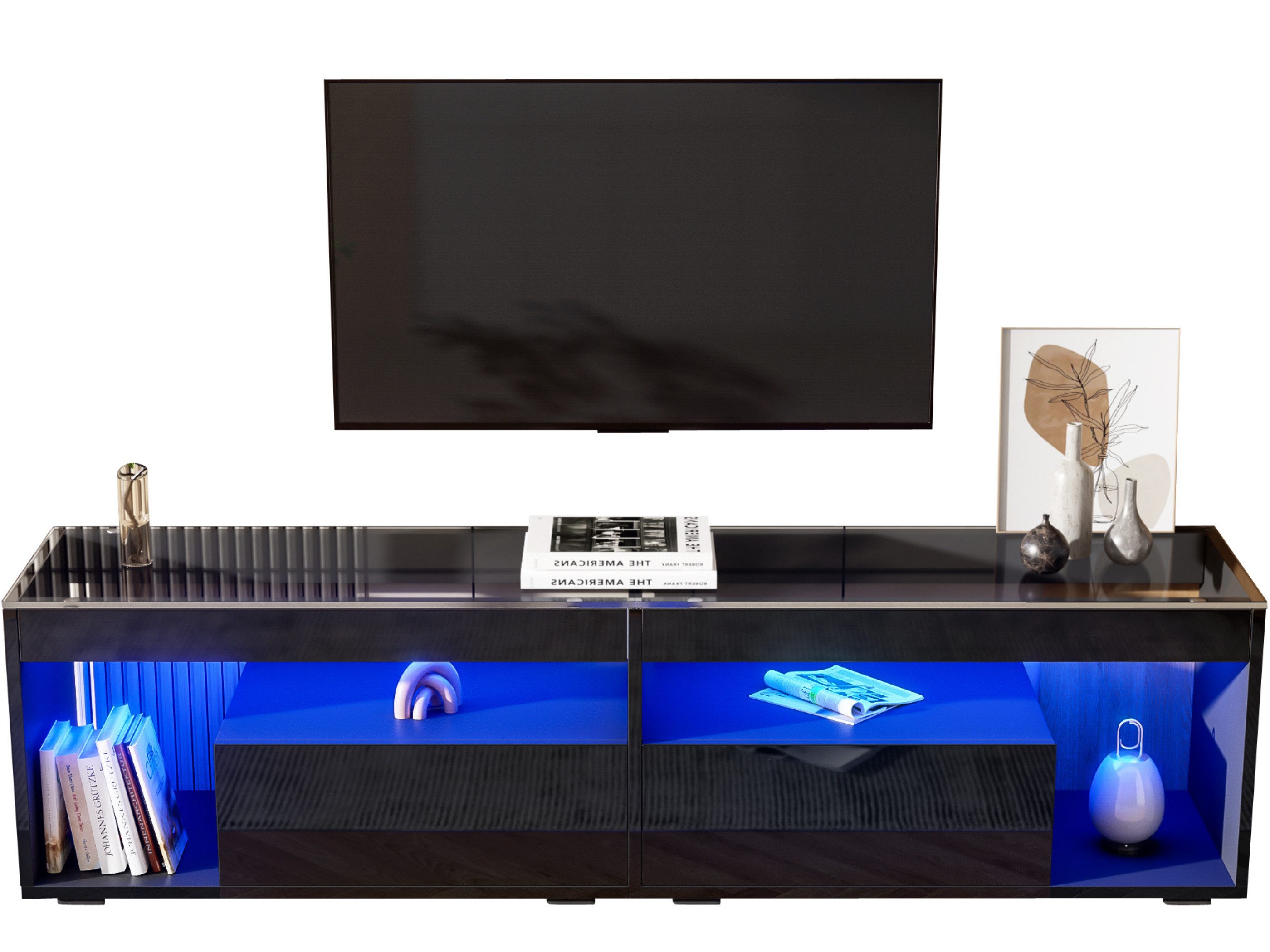 SeedWave Lowboard Moderner TV-Schrank mit LED-Beleuchtung, Glasplatte, 2 Schubladen, Mehre Ablageflächen, Hochglanz-Front