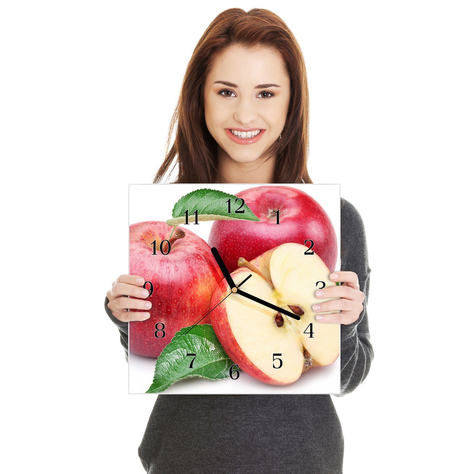 Größe 30 Wanduhr cm Glasuhr 30 Motiv Äpfel Blättern Wandkunst mit Wanduhr mit Primedeco x