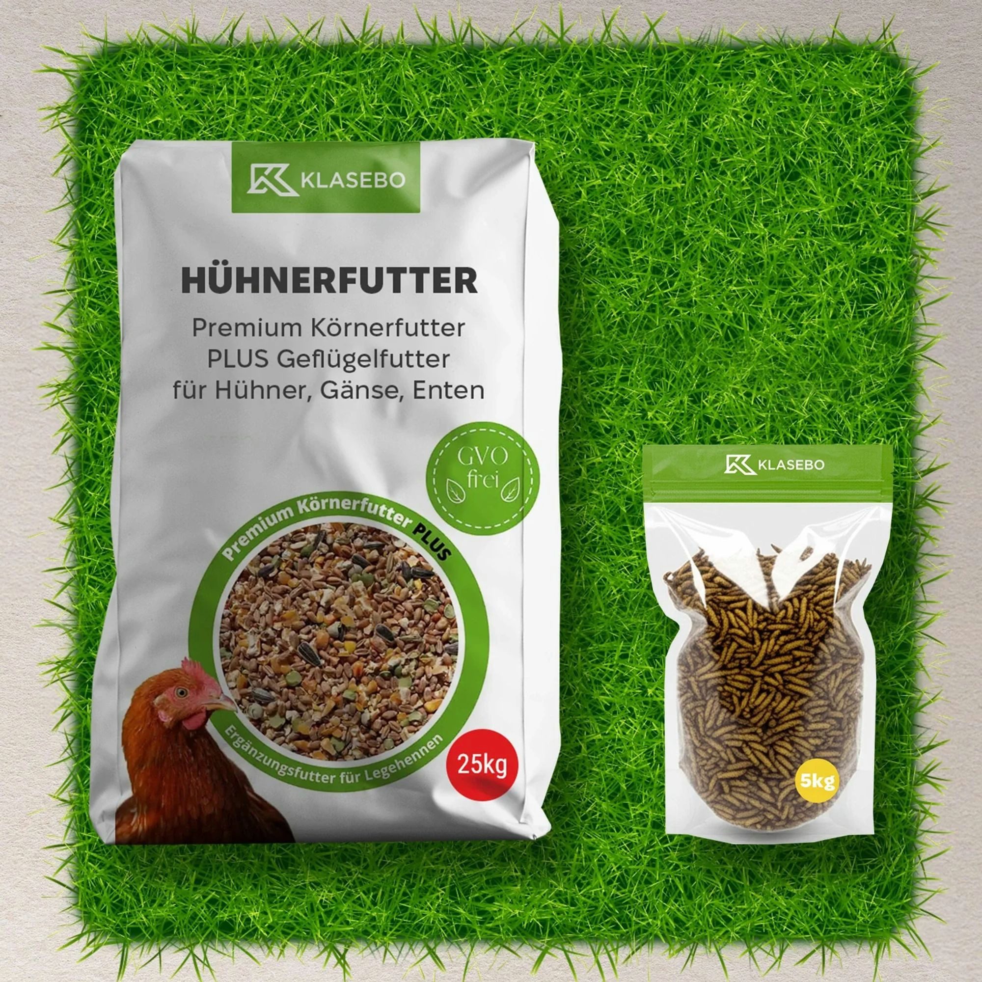 Boni-Shop Set Hühnerfutter mit Insekten 30kg - Premium Geflügelfutter 25kg, Getrocknete Schwarzkopfmaden 5kg