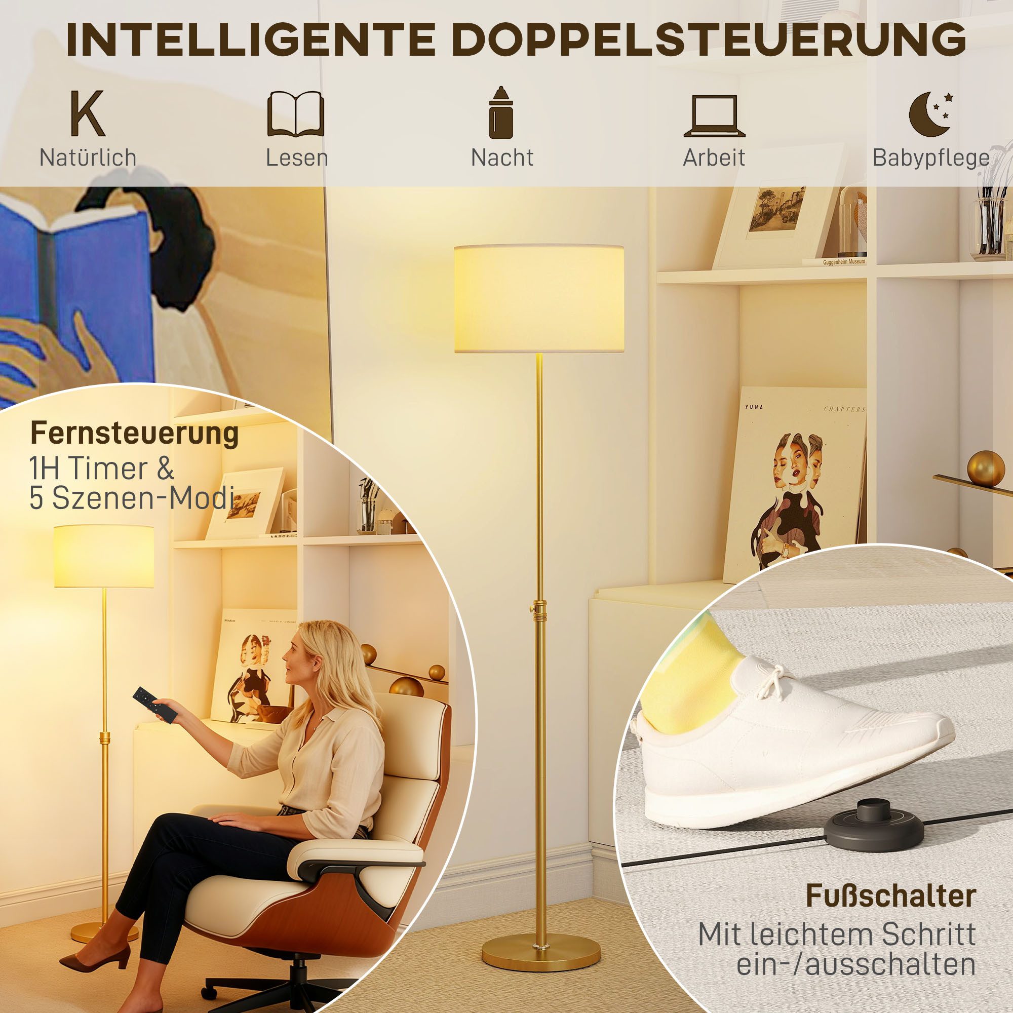furnicato Stehlampe mit Fernbedienung, höhenverstellbar, Stoffschirm – Bild 4 von 5