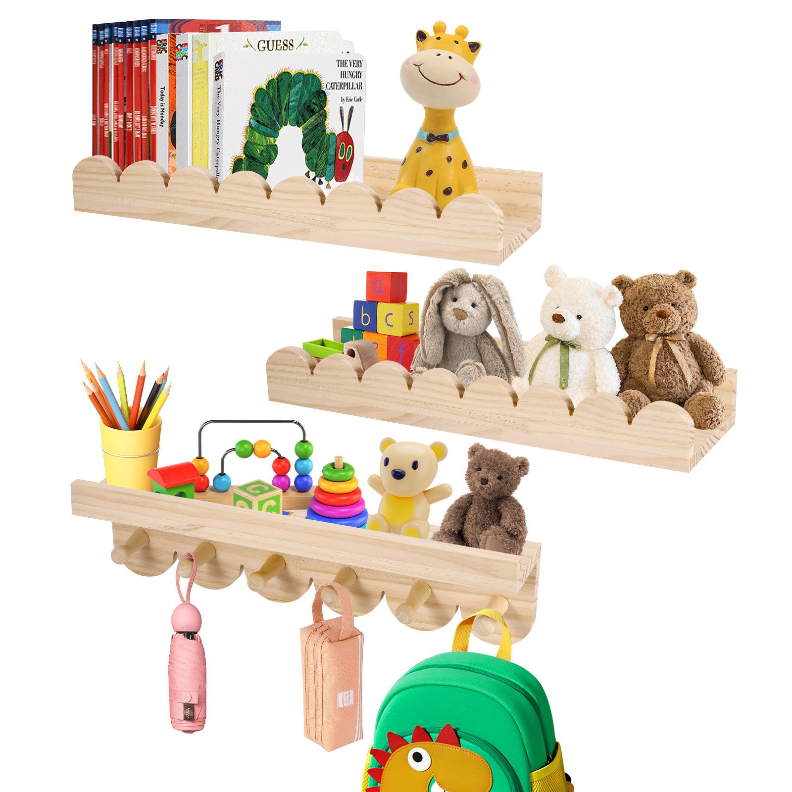 BlingBin Kinderregal 3er Set Bücherregal Kinder Wand, Wandregal Kinderzimmer 40cm, 1er Set 3-tlg., Schweberegale mit 6 Holzhaken für Jungen & Mädchen, Montessori Regal