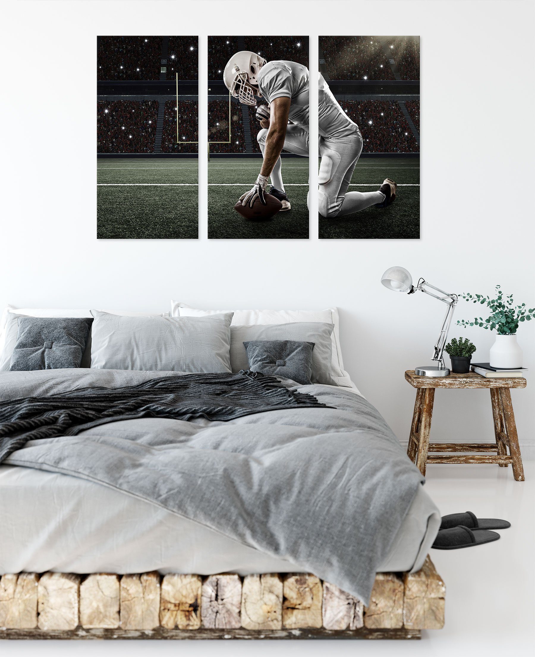 Pixxprint Leinwandbild (120x80cm) Football-Spieler bespannt, 3Teiler inkl. Football-Spieler, (1 Leinwandbild St), knieender knieender fertig Zackenaufhänger