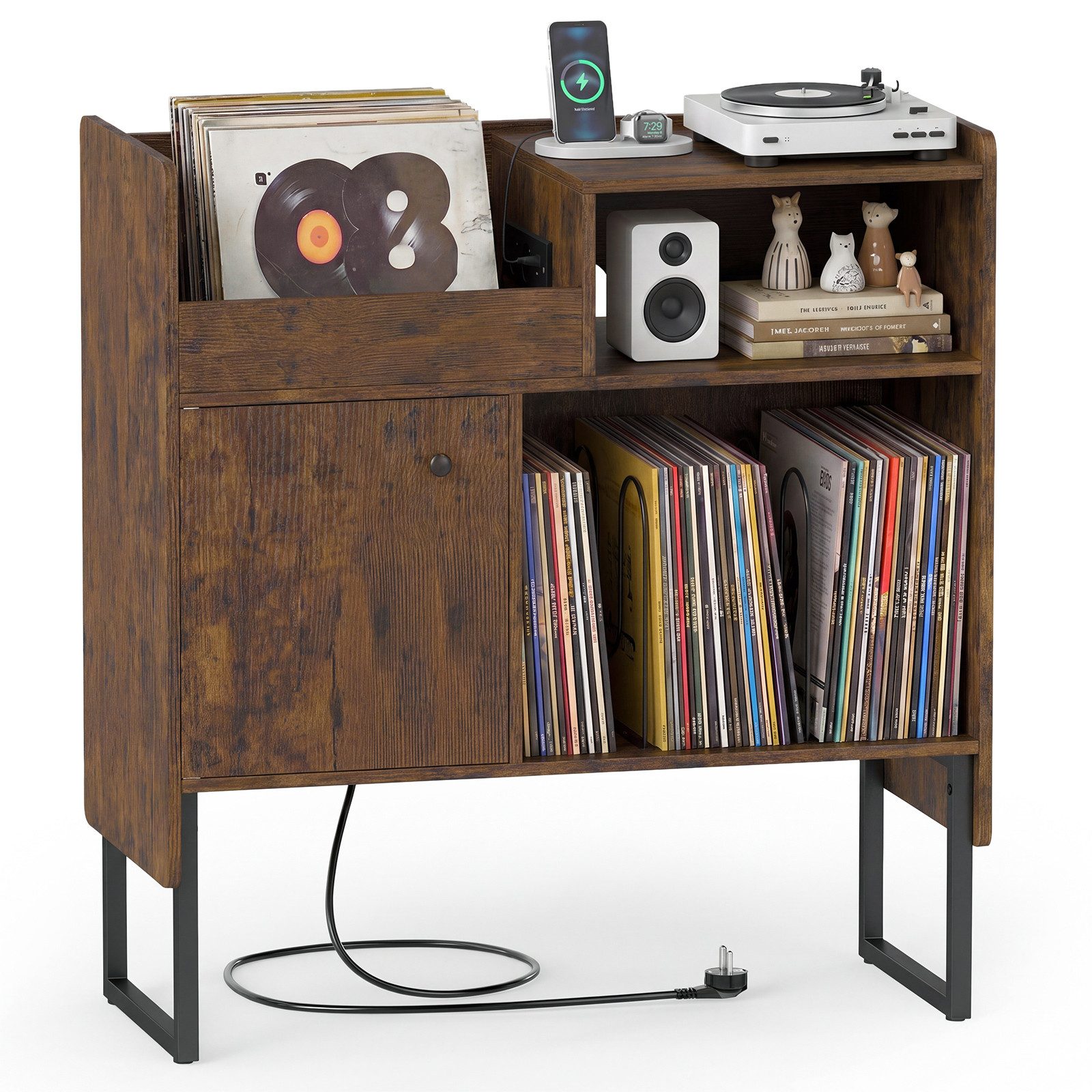 COSTWAY Sideboard Plattenspieler Ständer mit Ladenstation & Trennwänden, 80x35,5x85,5cm