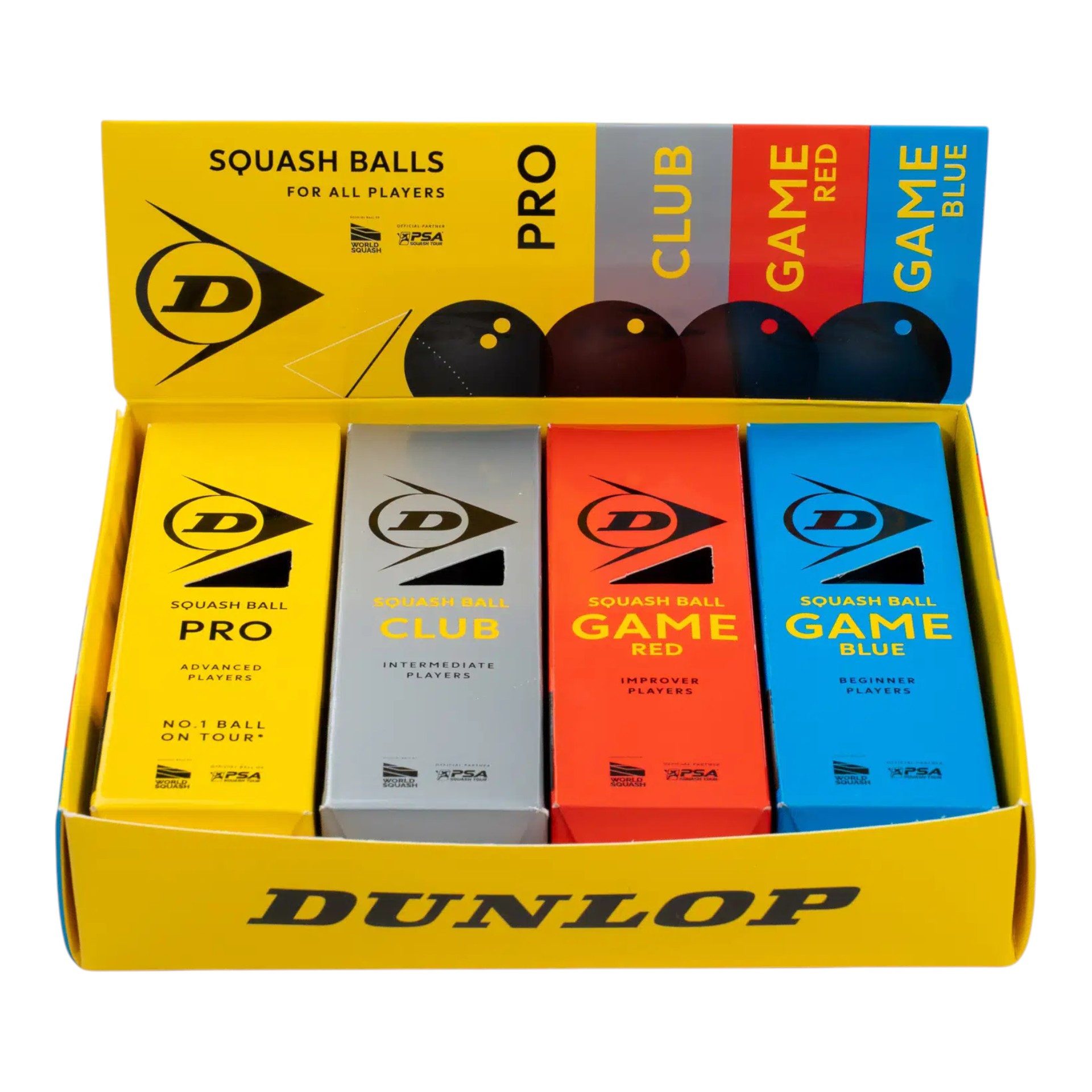 Dunlop Squashball Mix (Pro, Club, Game Red, Game Blue) schwarz - 4x3 Bälle (12 Stück) im