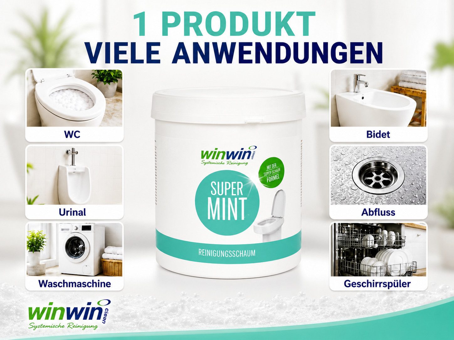 winwinCLEAN Super WC Schaum Universalpulver mit Messbecher Kalk&Urinstein&Fett Universalreiniger (1x Super WC-Reiniger Universalschaum 1kg Entfernt Urinstein, Kalk und Fett – mit frischem Duft)