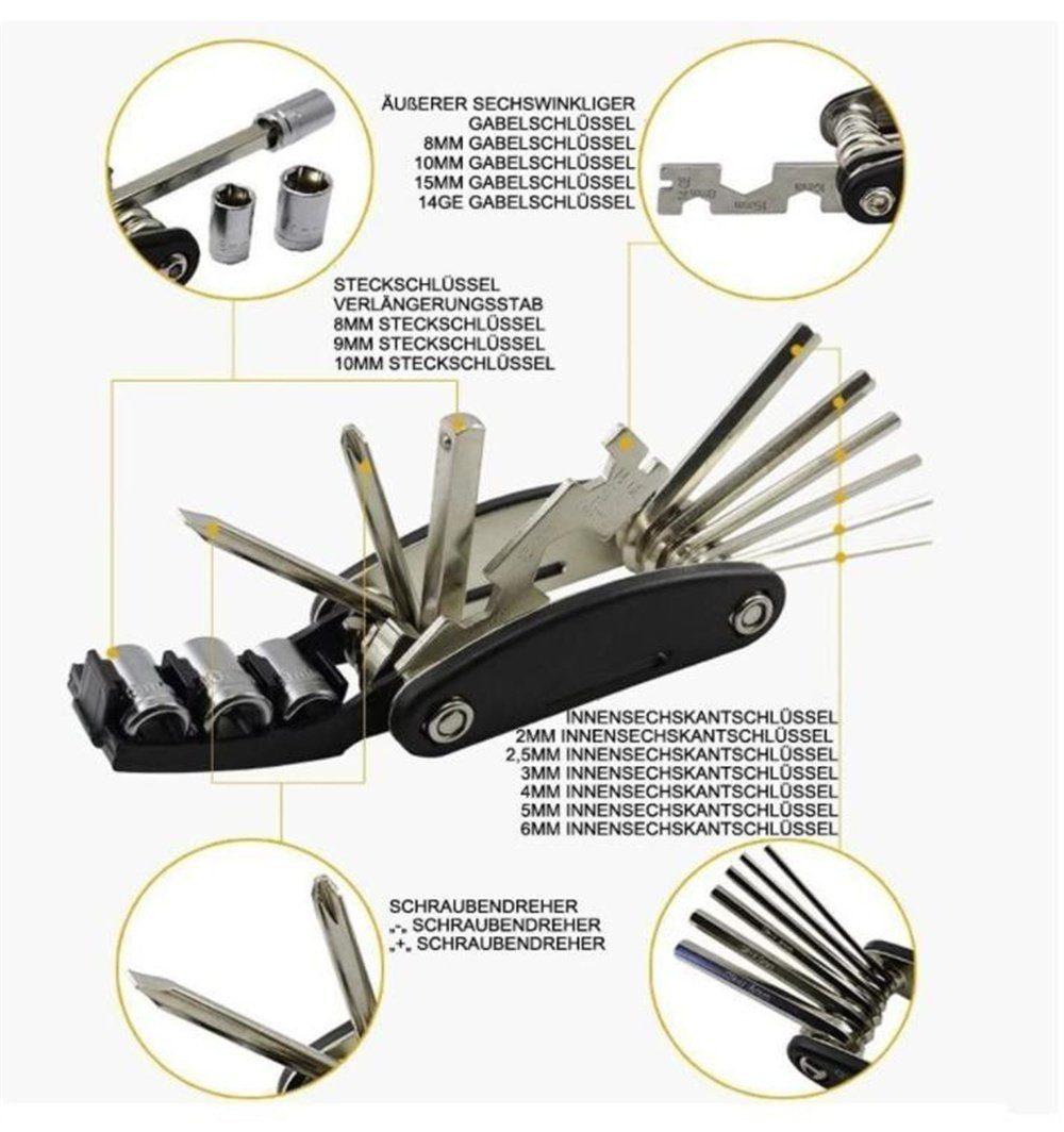 Multi-Tool-Fahrrad-Reparaturset,Fahrradwerkzeug-Reparaturset, in 16 Werkzeug Fahrradwerkzeugset CFYDW 1