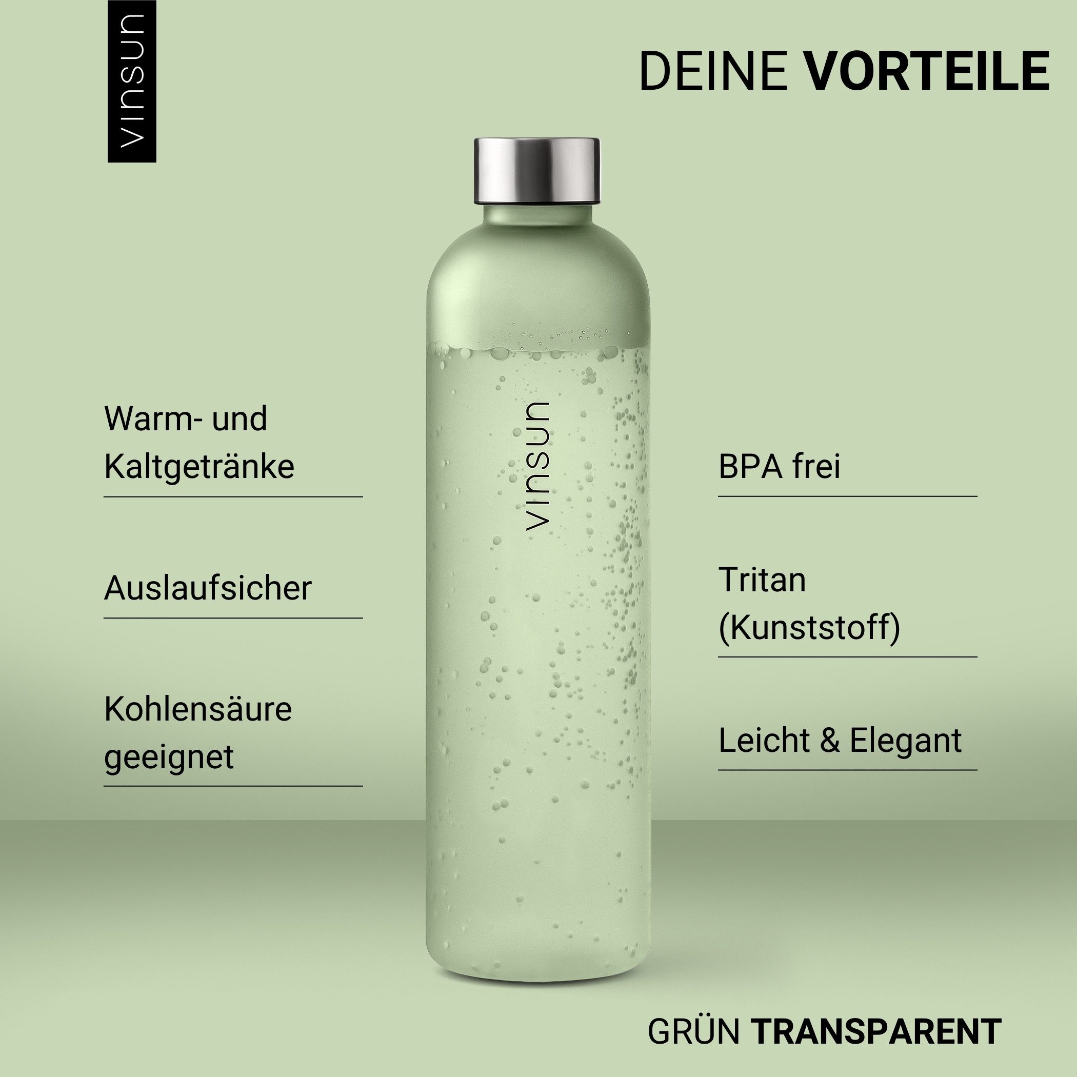 Vinsun Trinkflasche Tritan Wasserflasche 650ml - Sportflasche Kohlensäure geeignet, Auslaufsicher, BPA frei, bruchsicher, geruchs- und geschmacksneutral