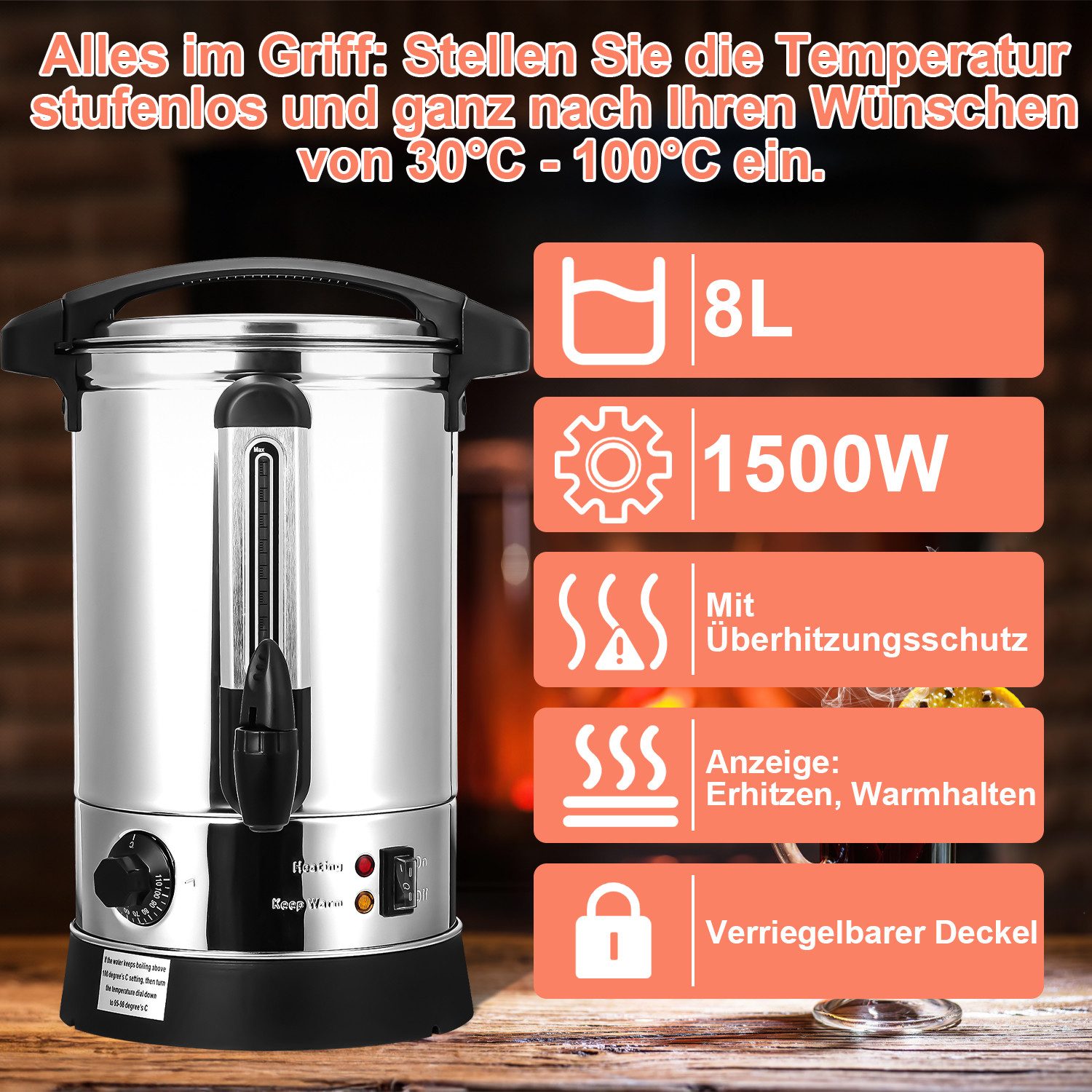 Clanmacy Heißgetränke- und Glühweinautomat Glühweinautomat, 1500W, Glühweinkessel Edelstahl Glühweinkocher, 1500 W, Drehgriff mit Schloss – Bild 4 von 5