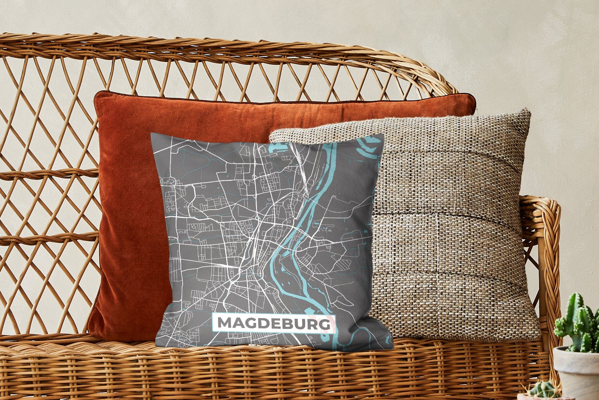 Schlafzimmer, Magdeburg MuchoWow - Deko, mit für Füllung Dekokissen Stadtplan Wohzimmer, Zierkissen Sofakissen - Deutschland - Karte,