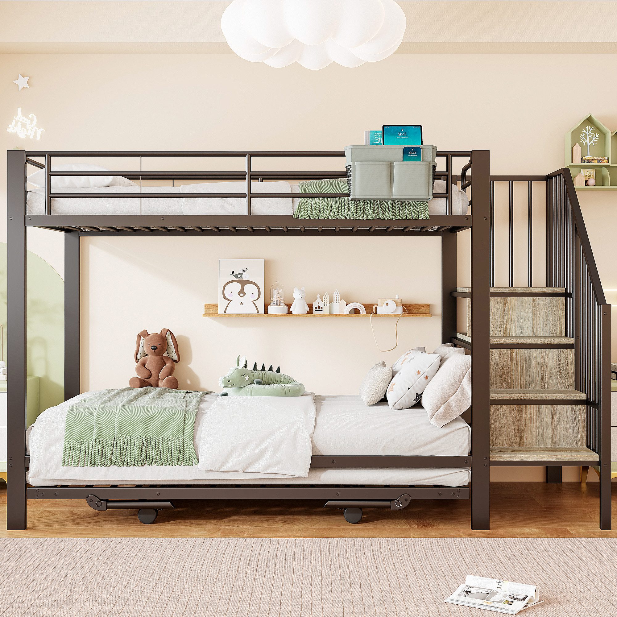 Flieks Etagenbett, Dreierbett Metallbett 90x200cm mit Ausziehbett 90x190cm Stauraumtreppe