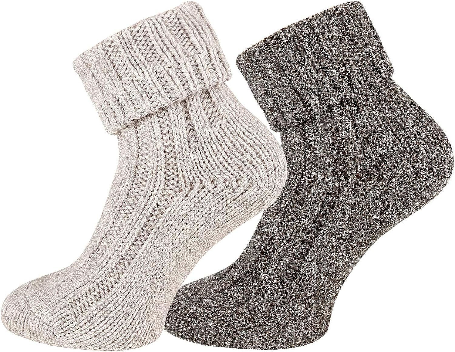 TippTexx 24 Umschlagsocken 2 Paar superweiche Kuschel Wollsocken mit Alpakawolle, Umschlag-Socken Beige-Dunkelbraun