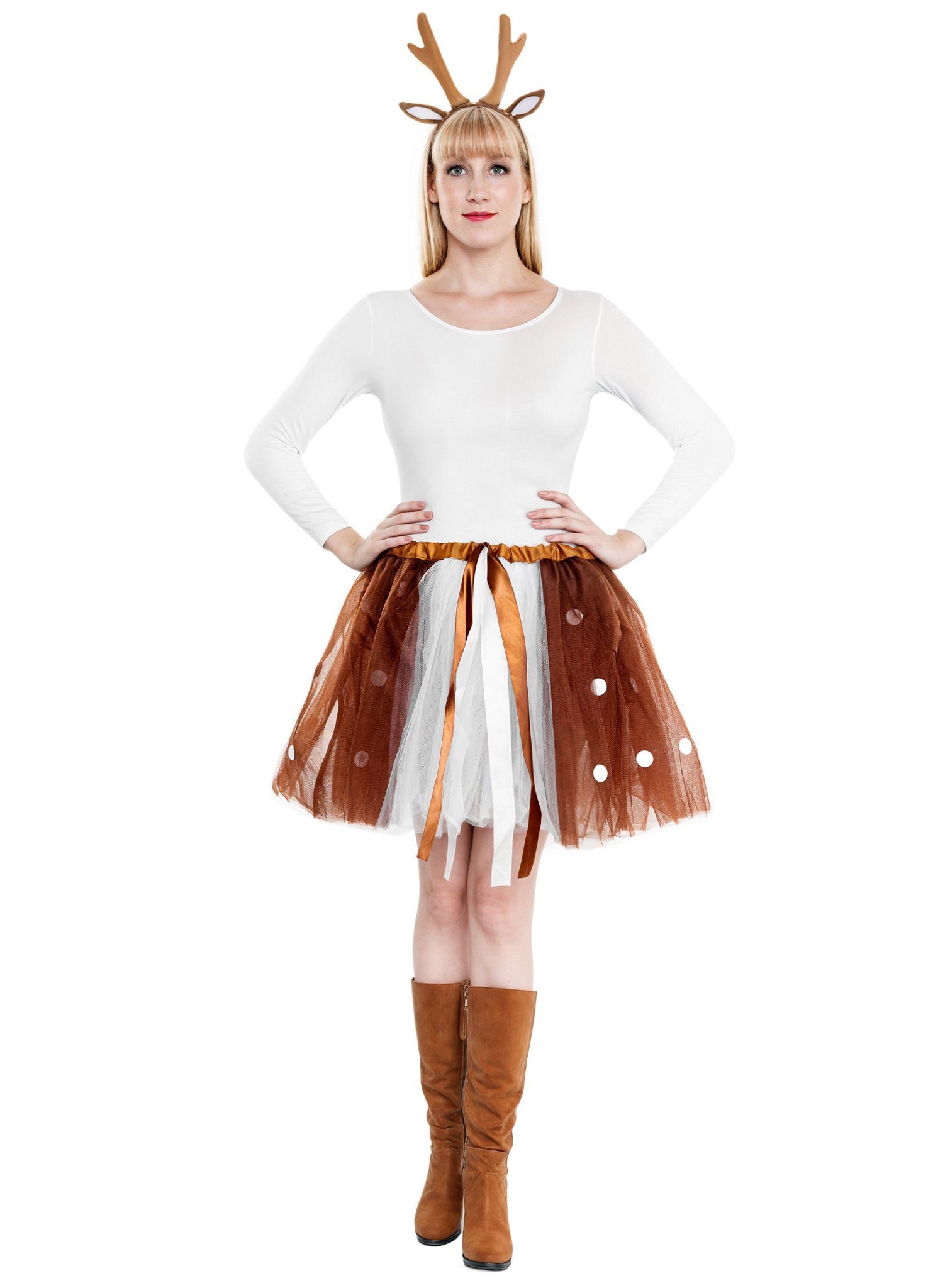 Metamorph Kostüm Reh Tutu - Rentier Kostüm Zubehör Rock 45cm Hirsch, Weiß-brauner Petticoat mit Punkten