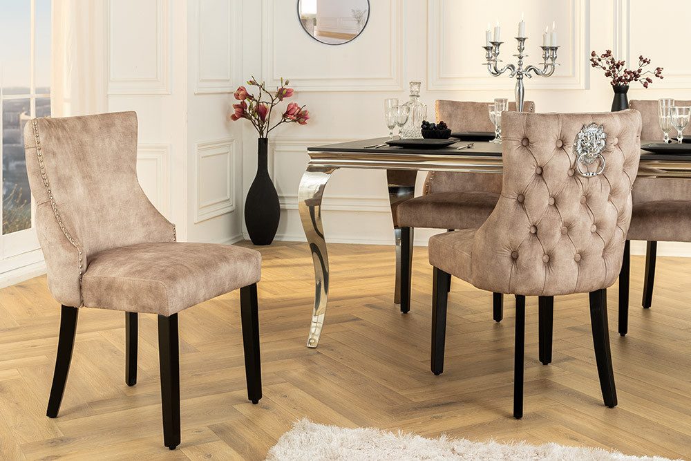 riess-ambiente Esszimmerstuhl CASTLE DELUXE cappuccino/schwarz - Samt, Holzbeine, Löwenkopf-Griff (Einzelartikel, 1 St), glamouröser Stuhl mit Nieten - ideal für Deinen Barock-Look