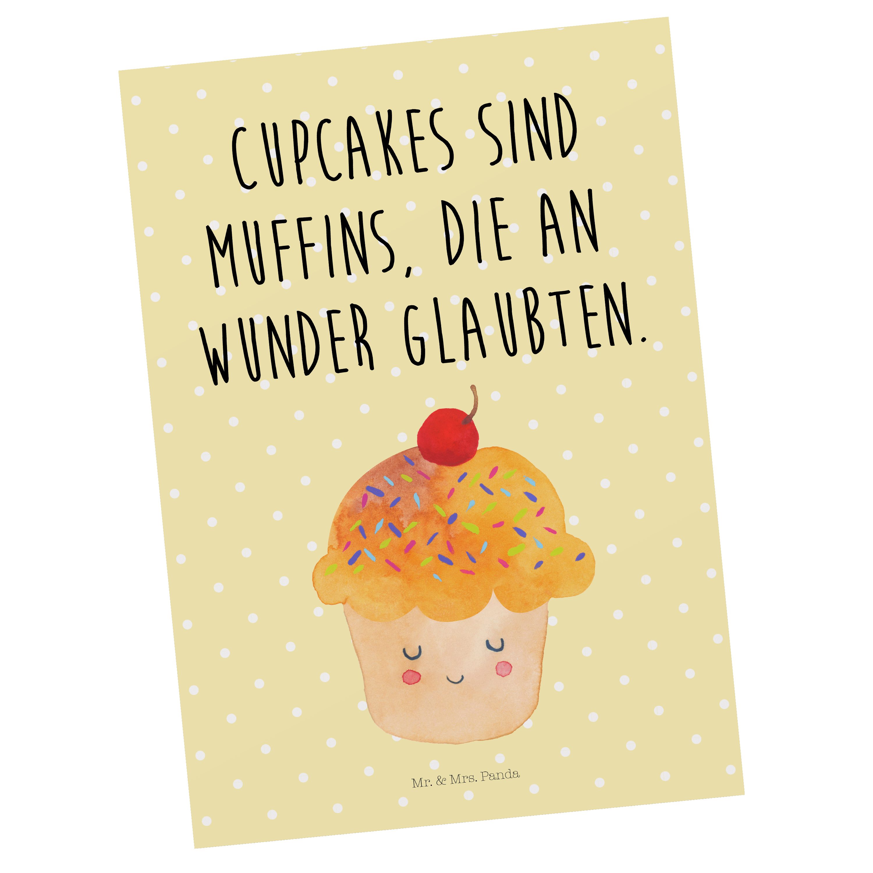 Mr. & Mrs. Panda Postkarte Cupcake - Gelb Pastell - Geschenk, Postkarte, Geburtstagskarte, Backe, Hochglänzend