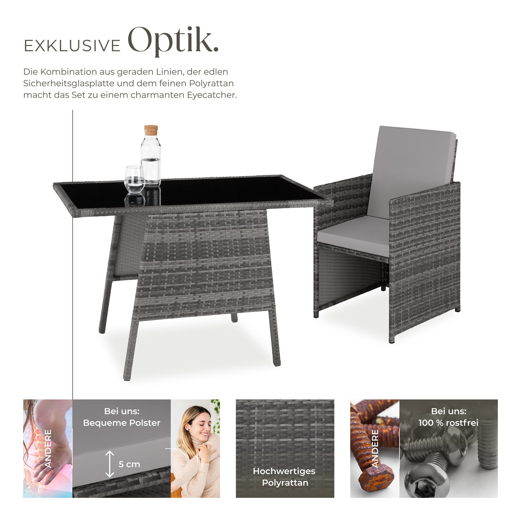 tectake Sitzgruppe Rattan Gartenlounge für 2 Personen, zusammenschiebbar, (Loungeset Lausanne, 3-tlg., für Außen in Grau), widerstandsfähig, UV-beständig, mit Sicherheitsglasplatte