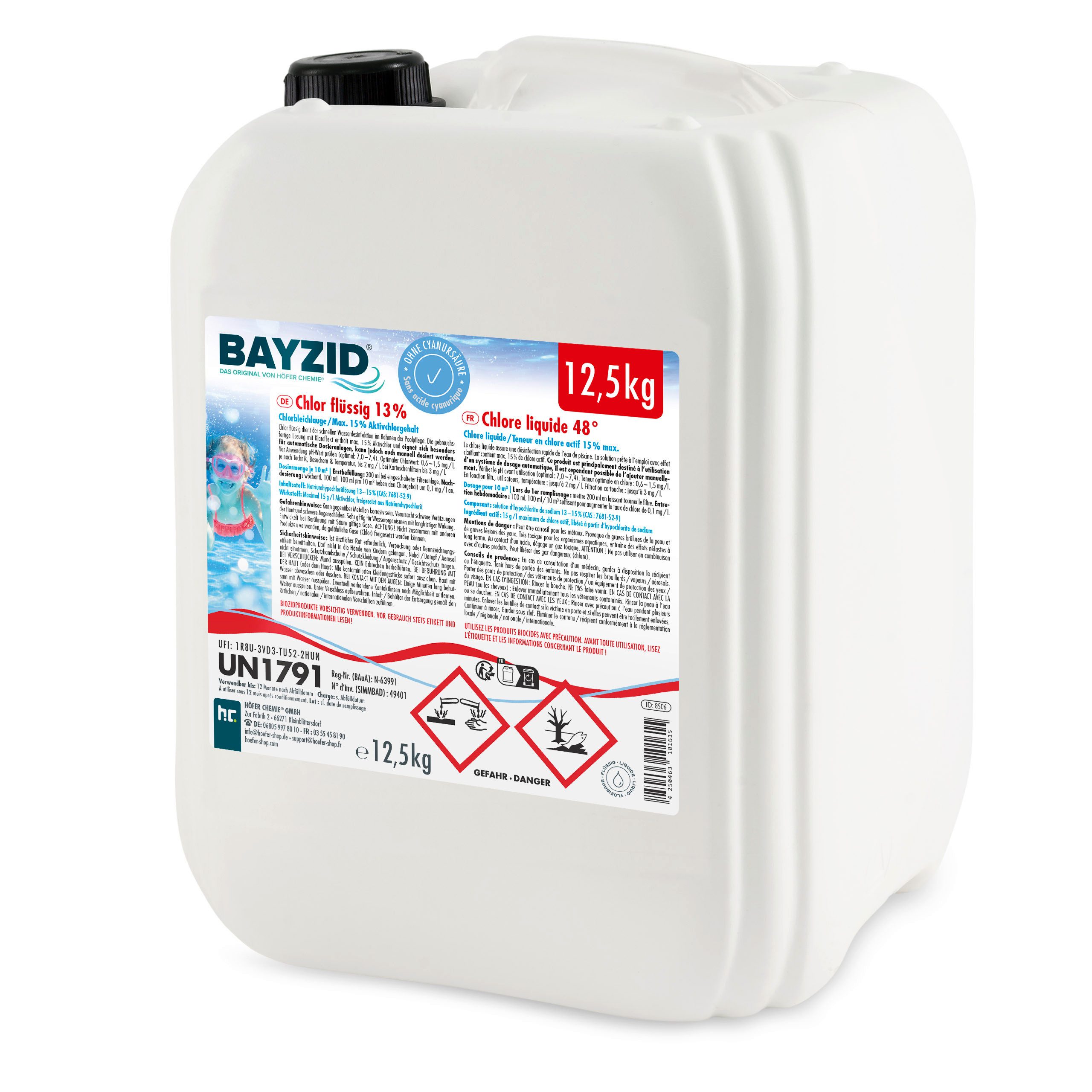 Höfer Chemie GmbH Poolpflege 12,5 kg BAYZID® Chlor 13% flüssig, Zuverlässige Desinfektion für sauberes und hygienisches Poolwasser