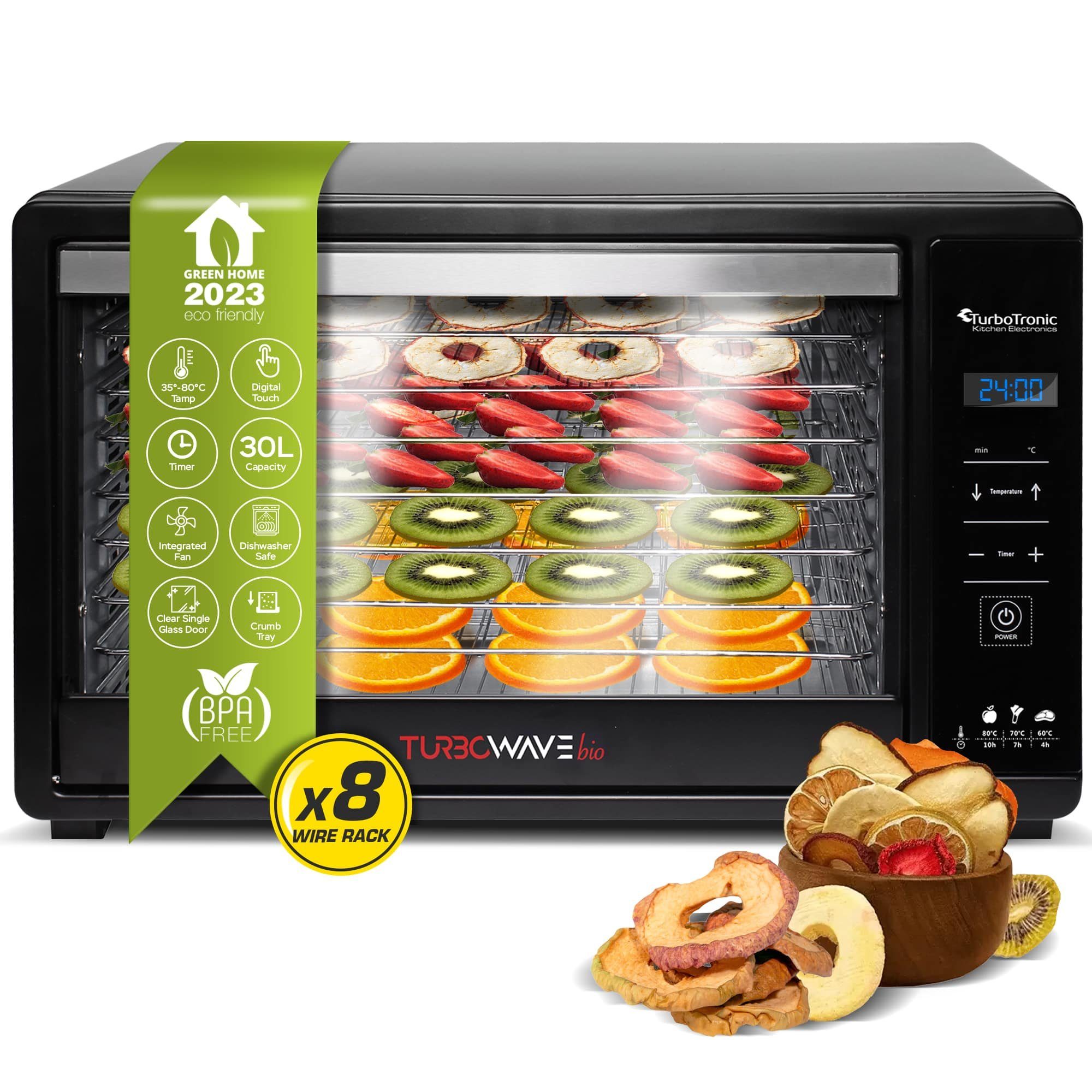 TurboTronic by Z-Line Dörrautomat TurboWave BIO Digital Komplett aus Metall KEIN PLASTIK! Dörrer 35-80°C 650 W, 8 Etagen, Dehydrator 30L Obsttrockner Trockenfleisch Dörrgerät inkl Rezeptheft