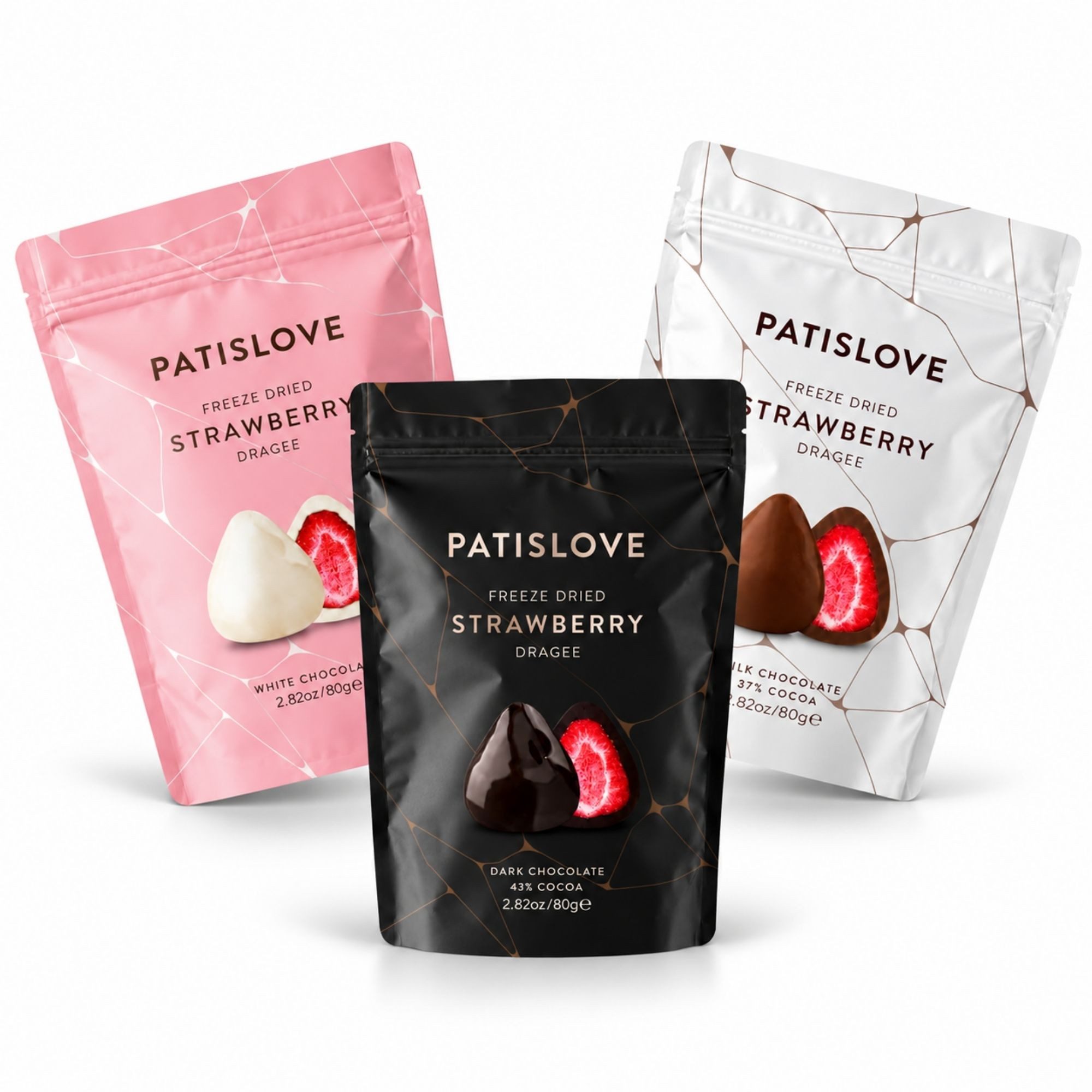 PATISLOVE Schokolade Probierset Erdbeer-Dragees, weiß, Vollmilch & Zartbitter, 240 g, (Geschenkset, Weiße Schokolade, Vollmilch, Zartbitter), gefriergetrocknete Erdbeeren in Schweizer Schokolade