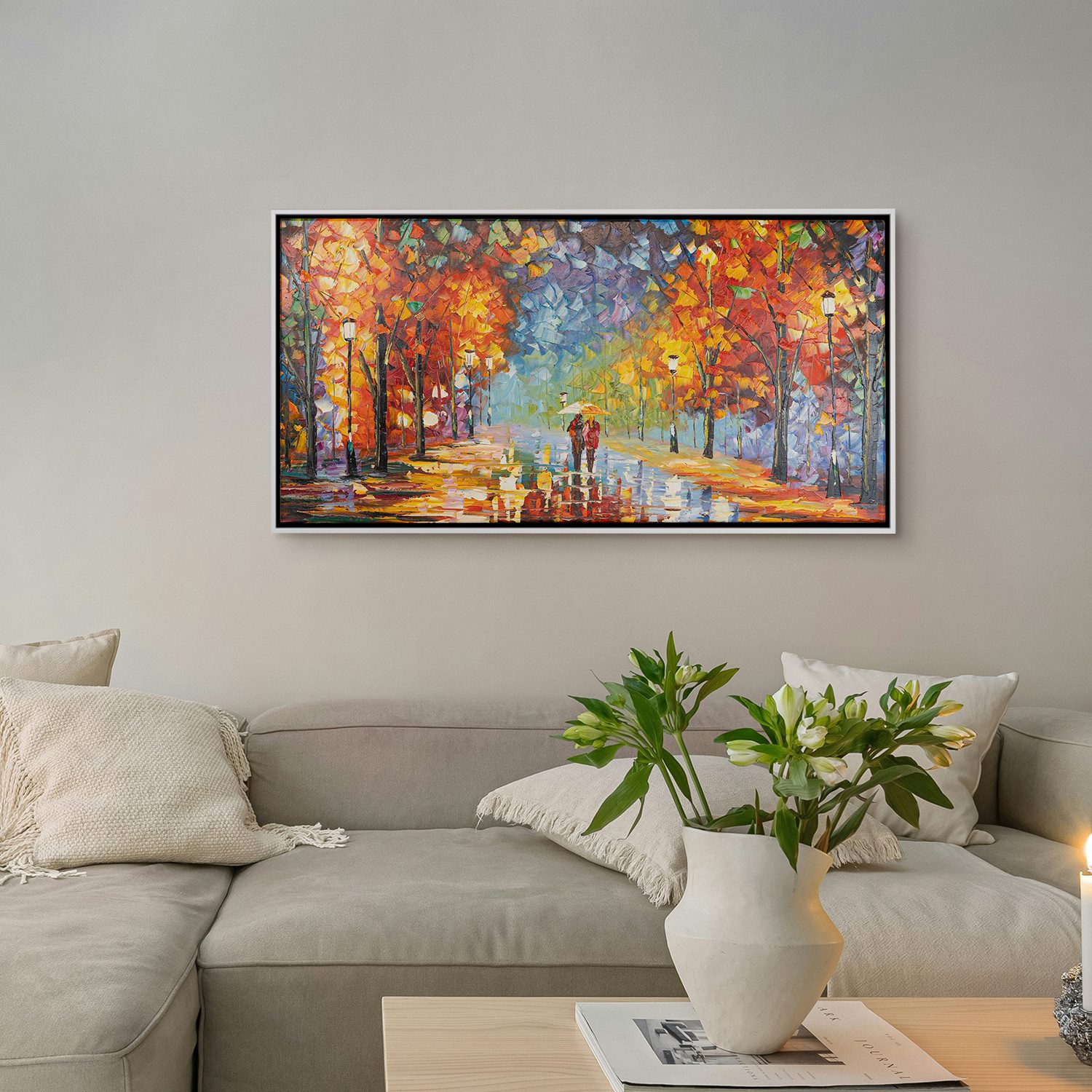 AUREDAS Gemälde "Der Weg des Lichts", Gemälde, 100x50cm, Rahmen weiß, Abstrakt, Urban, Gemälde mit Strukturpaste und Acrylfarbe, Panorama Format