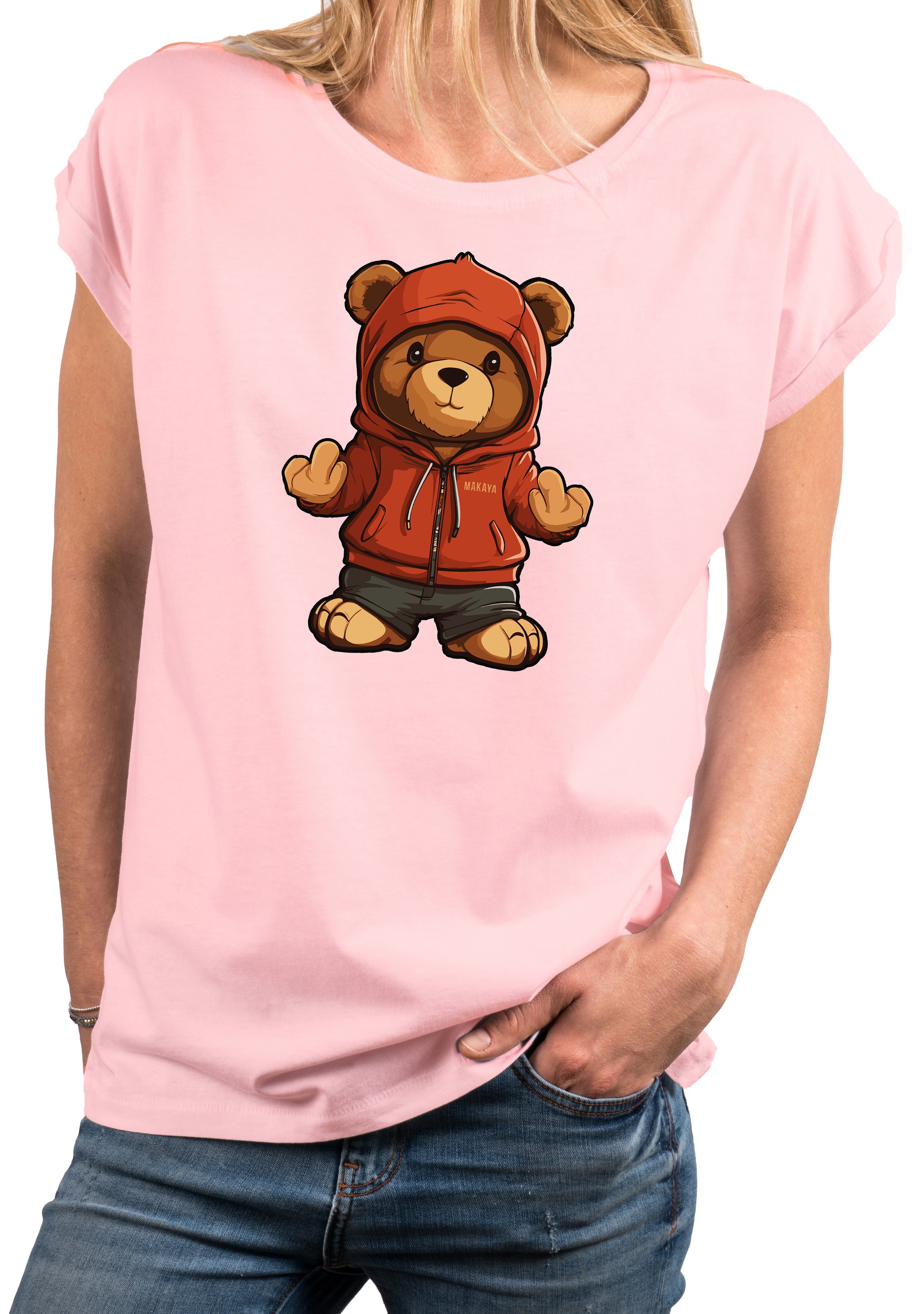 MAKAYA Print-Shirt Damen Kurzarm Teddybär coole lustige freche sexy Sommer Tops Teddy, Motiv Rosa | T-Shirts