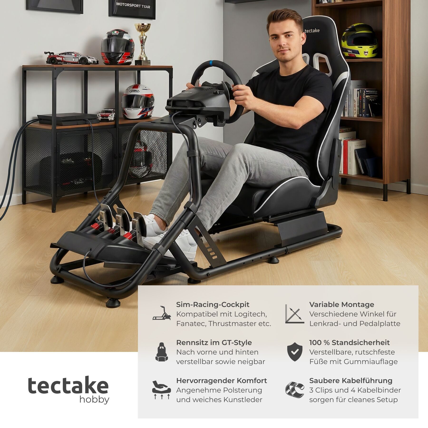 tectake Gaming-Stuhl SimRacing Stuhl, verstellbar, pflegeleichter Kunstlederbezug (Set, 1 St), Montierbare Vorrichtungen zum Anbringen von Lenkrad und Pedalen