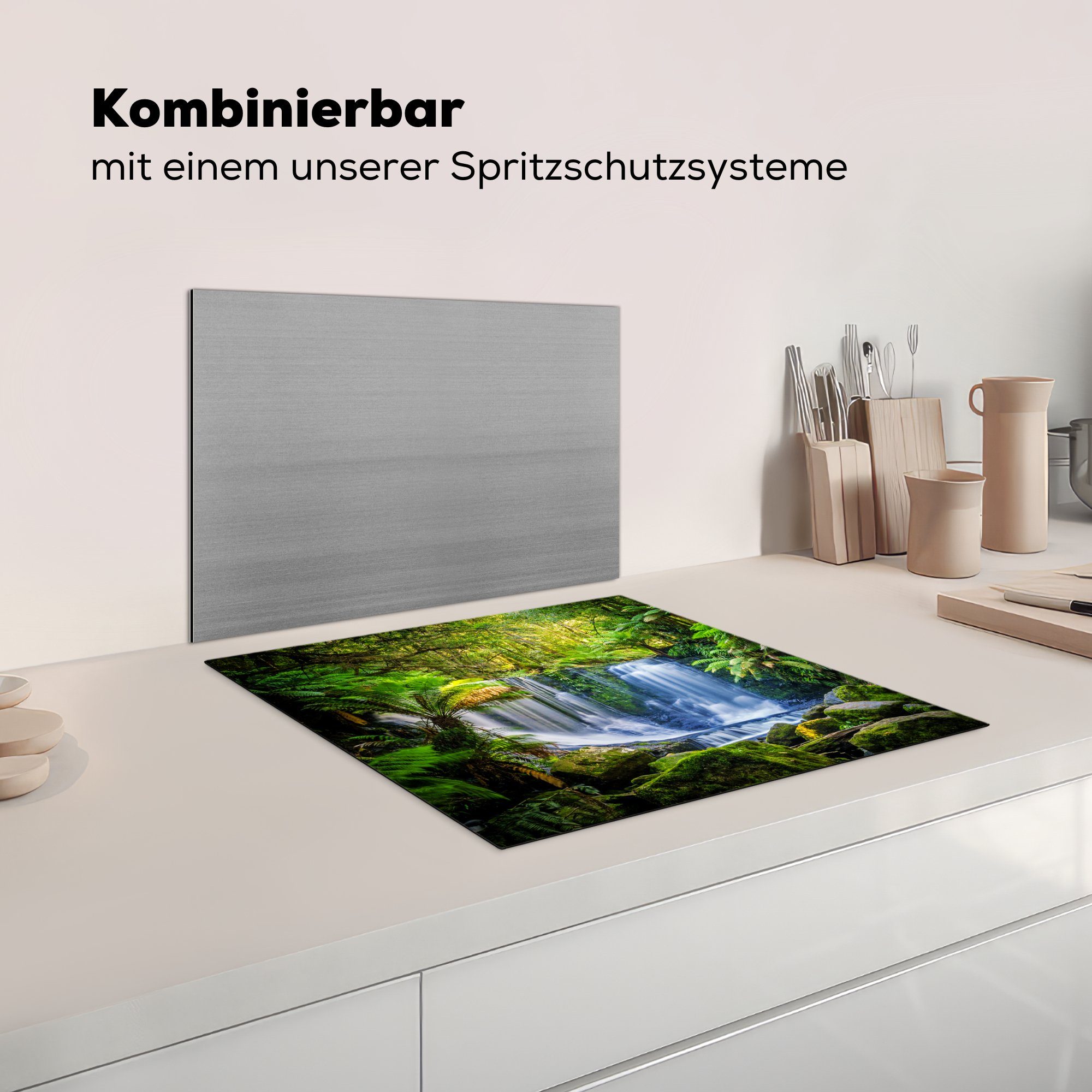 - Herdblende-/Abdeckplatte (1 Pflanzen Induktionsschutz, Vinyl, tlg), 57x51 Induktionskochfeld, Ceranfeldabdeckung Dschungel Natur, - MuchoWow Australien cm, - Wasserfall -