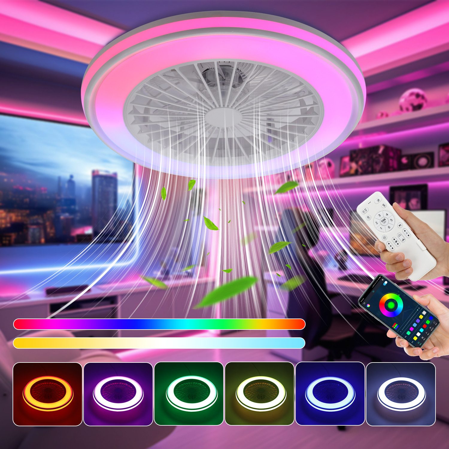WILGOON Deckenleuchte Deckenventilator mit Beleuchtung, Music RGB Dimmbar mit Fernbedienung, Luftzirkulationsfunktion, LED fest integriert, Warmweiß, Neutralweiß, Kaltweiß, RGB Farbwechsel, Schlafzimmer Leise Ventilator mit Bluetooth für Wohnzimmer Küche Hotel