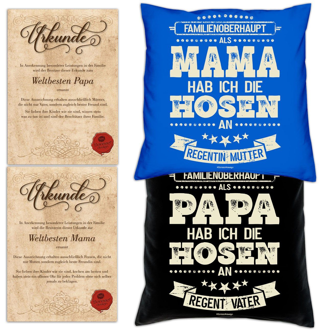 Soreso® Dekokissen Kissen-Set Als Papa hab ich die Hosen an Als Mama hab ich die Hosen an mit Urkunden, Vatertagsgeschenk Muttertagsgeschenk royal-blau