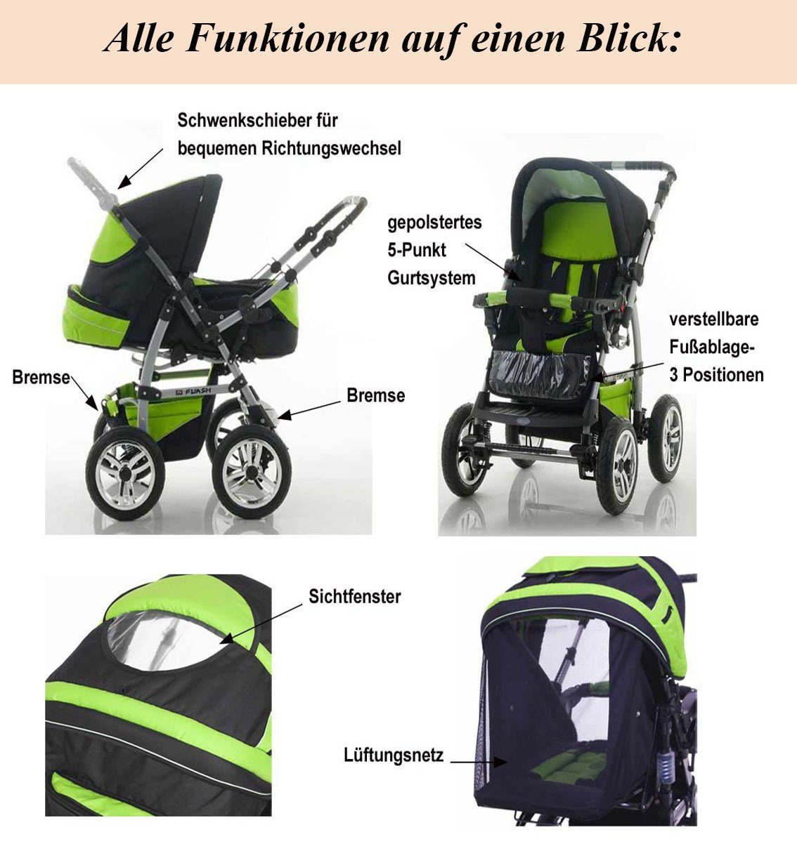 in Flash - 17 5 inkl. babies-on-wheels Teile Farben Schwarz-Rot Kinderwagen-Set in Kombi-Kinderwagen 18 Autositz 1 -