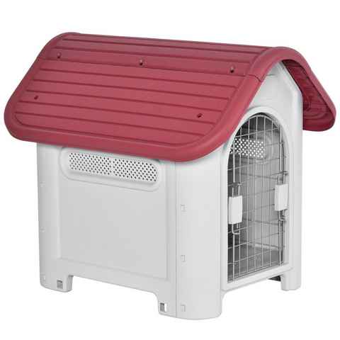 PawHut Hundehütte Hundehaus mit Dachluke, für kleine Hunde, aus Metall, Kunststoff, für Garten, Balkon, Rot+Hellgrau