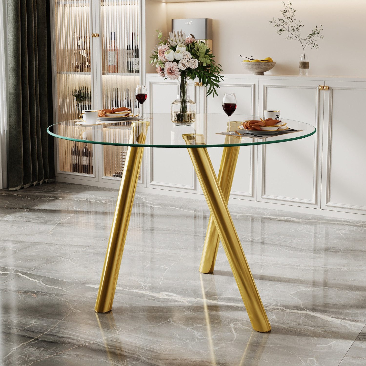 ANYSUN Esstisch Runder Esstisch 89x89x76 cm, mit gehärteter Glasplatte (moderner Glastisch Esstisch Küchentisch galvanisierte Metallbeine), Stabiler Küchentisch für 2–4 Personen, Kaffee und Freizeittisch