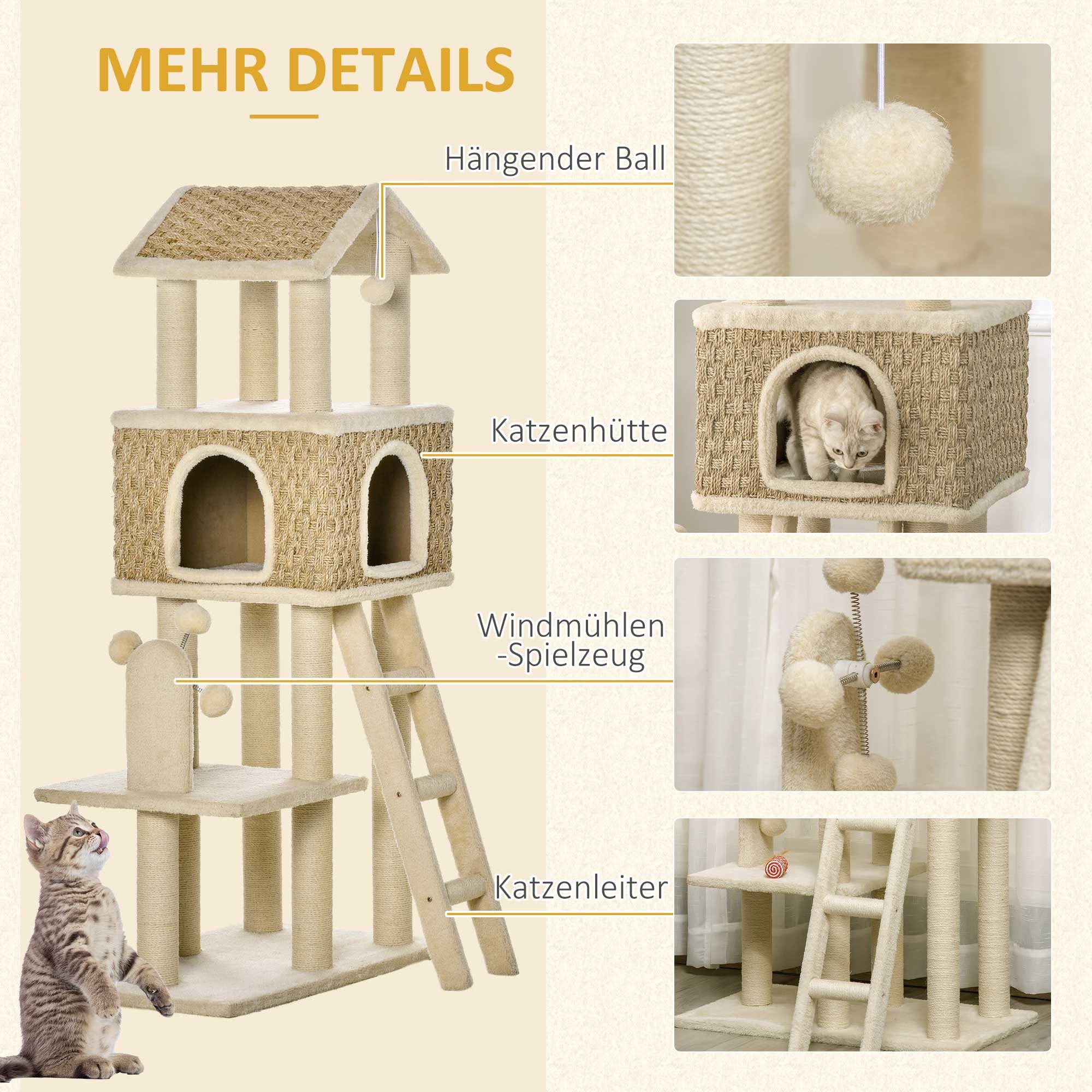 PawHut Kratzbaum Katzenbaum Kletterbaum mit Katzenhöhle Spielbälle, Spanplatte Plüsch Khaki+Beige – Bild 5 von 5