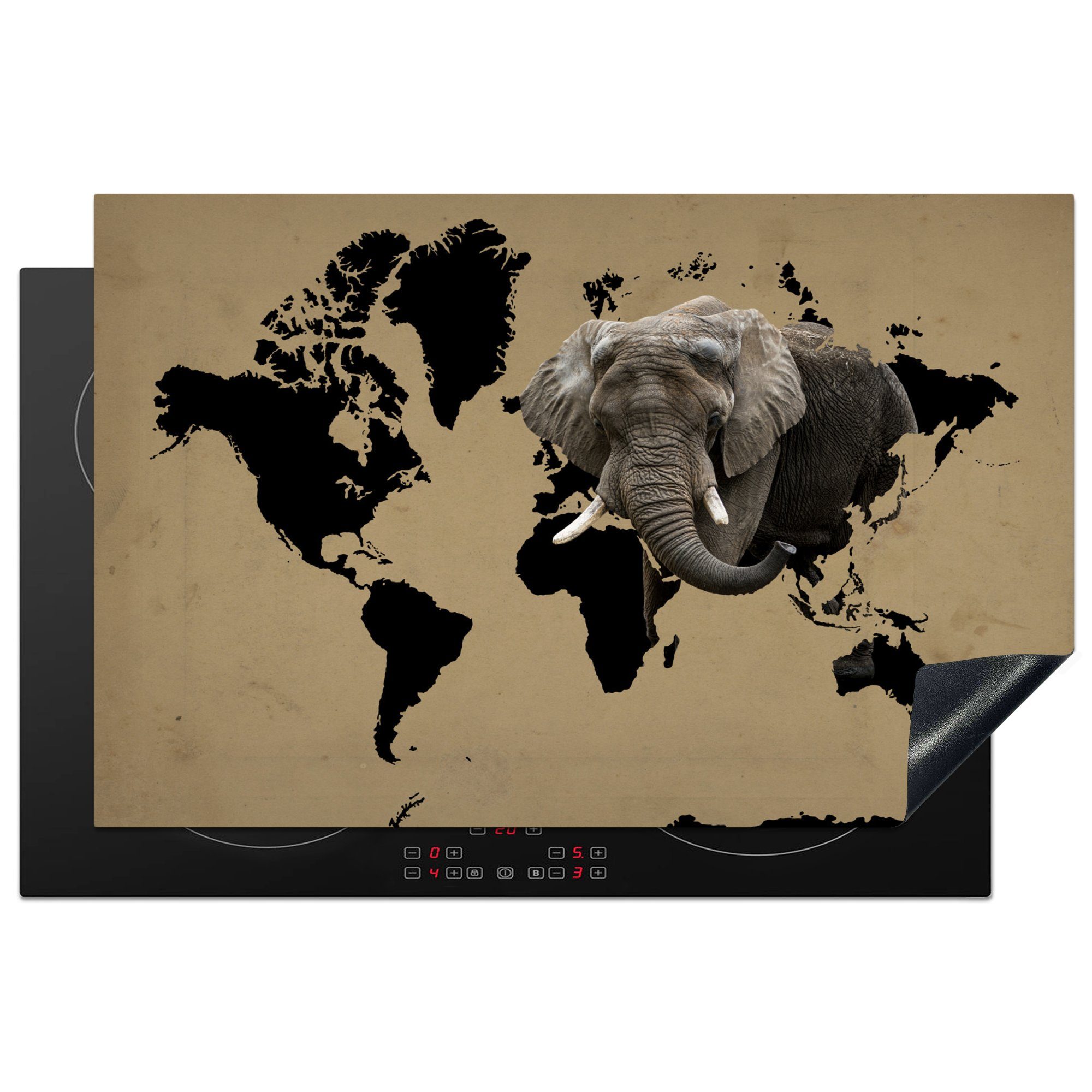 MuchoWow Herdblende-/Abdeckplatte Weltkarte - Schwarz - Elefant, Vinyl, (1 tlg), 81x52 cm, Induktionskochfeld Schutz für die küche, Ceranfeldabdeckung