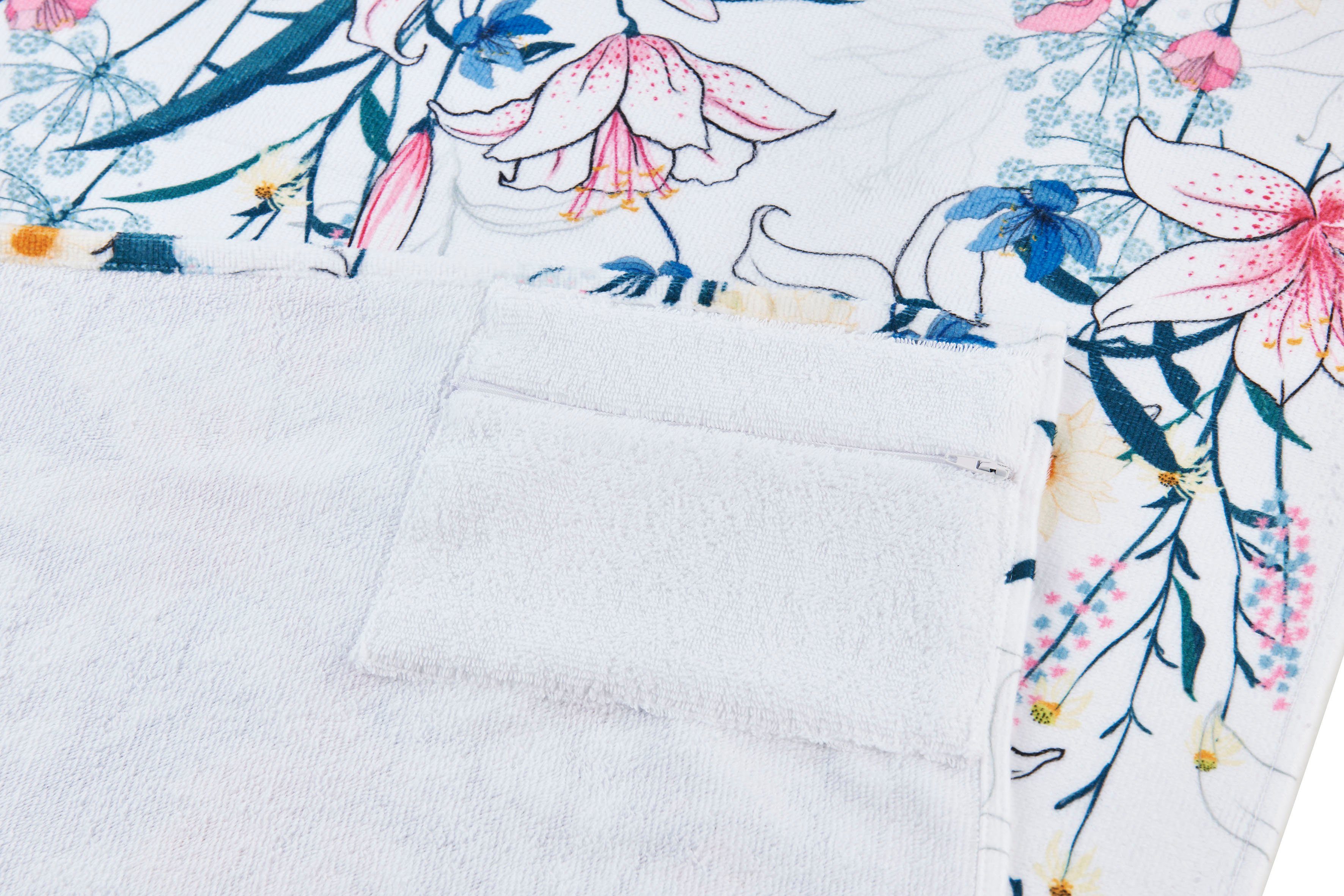 done.® Strandtuch White Flowers, Hamam Frottier (1-St), Badetuch, Blumen Motiv, Reisverschluss-Tasche für Wertgegenstände