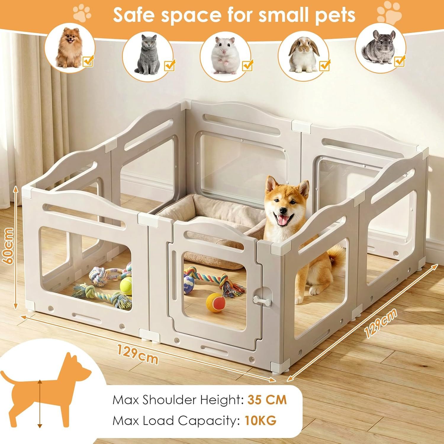 TLGREEN Freigehege 8-teilig Acryl Welpenlaufstall 129×129×60cm, HDPE Welpenauslauf mit Tür, Indoor Hundezaun für kleine Hunde & Katzen