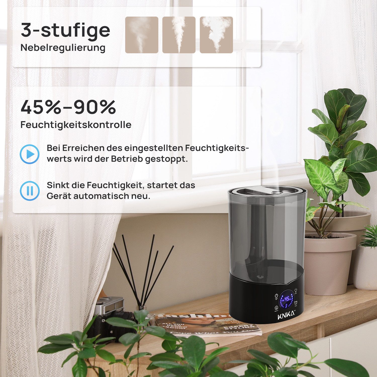 KNKA PRO Luftbefeuchter Top-Fill Raumbefeuchter, 4,00 l Wassertank, Ultra Leise Ultraschall Luftbefeuchter Aromatherapie