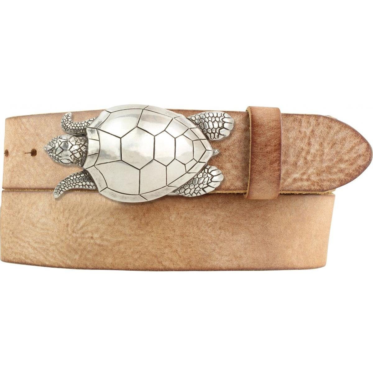 BELTINGER Ledergürtel Gürtel mit Schildkröte-Gürtelschnalle aus weichem Vollrindleder 4 cm U Tabac, Silber