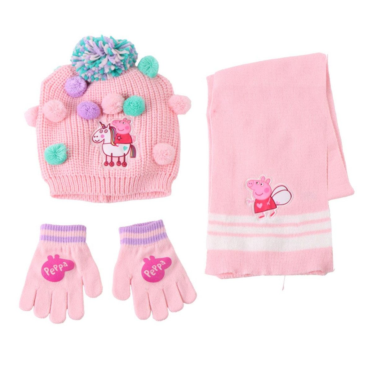 Cerda Mütze & Schal Peppa Pig Kinder 3 Teilig Mütze & Schal & Handschuhe Set