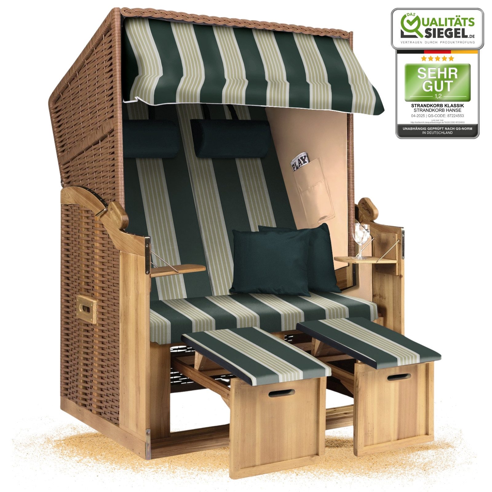 Strandkorb Hanse Strandkorb Strandkorb 2-Sitzer Ostsee Volllieger in Natur Beige Grün, BxTxH: 120x80x160 cm, Ostsee Volllieger, Ostsee 2-Sitzer Modell 2025, Stabiles Wacholder mit handgefertigtem Polyrattangeflecht