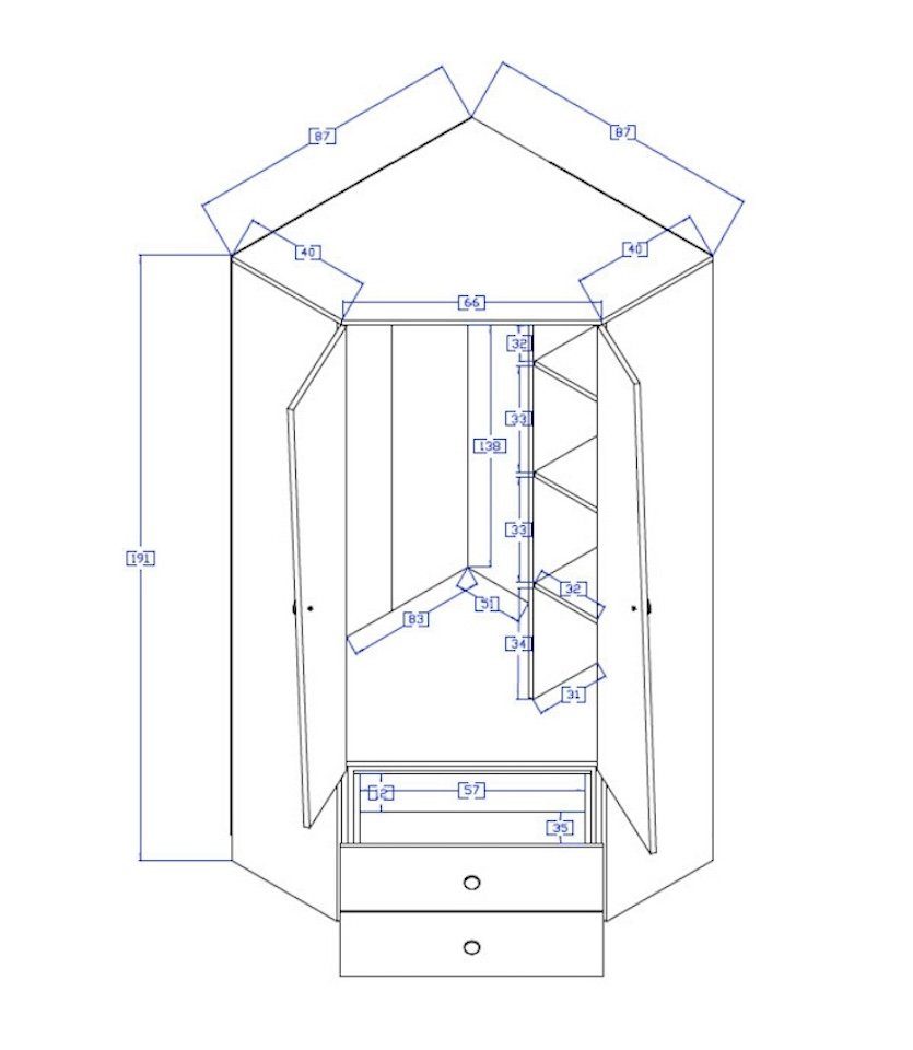 Feldmann-Wohnen Eckschrank Nero (2 verstellbare mit Knopfgriffe Knopfgriffen mit Rollenschubführung, Scharniere, eiche Kunststoff) weiß-grau Türen, matt Einlegeböden, rechts 2 aus 87cm 3 / grauen Schubladen