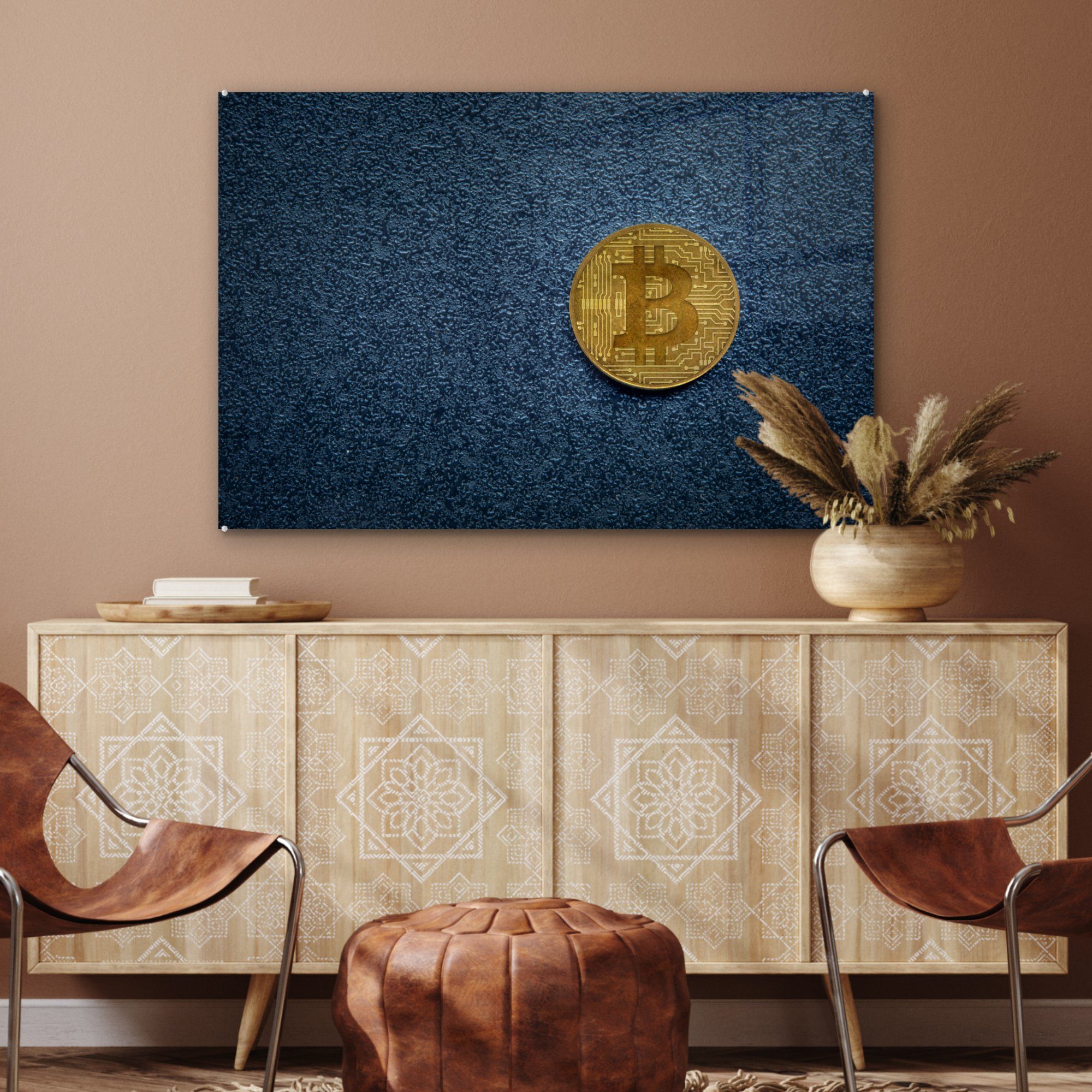 Schlafzimmer Gold Bitcoin MuchoWow (1 Acrylglasbild auf Wohnzimmer Acrylglasbilder Hintergrund, St), & dunklem