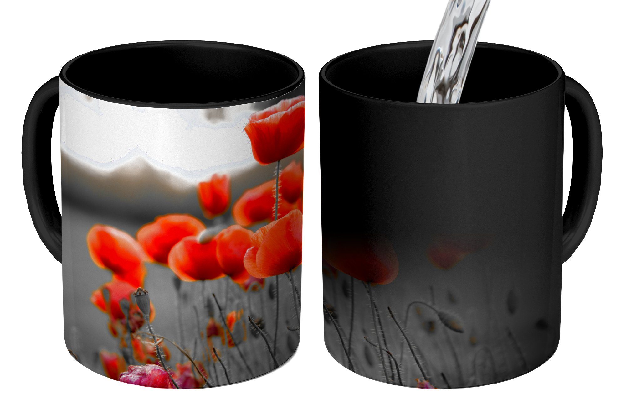 MuchoWow Tasse Rote Mohnblumen vor schwarzem und weißem Hintergrund, Keramik, Farbwechsel, Kaffeetassen, Teetasse, Zaubertasse, Geschenk