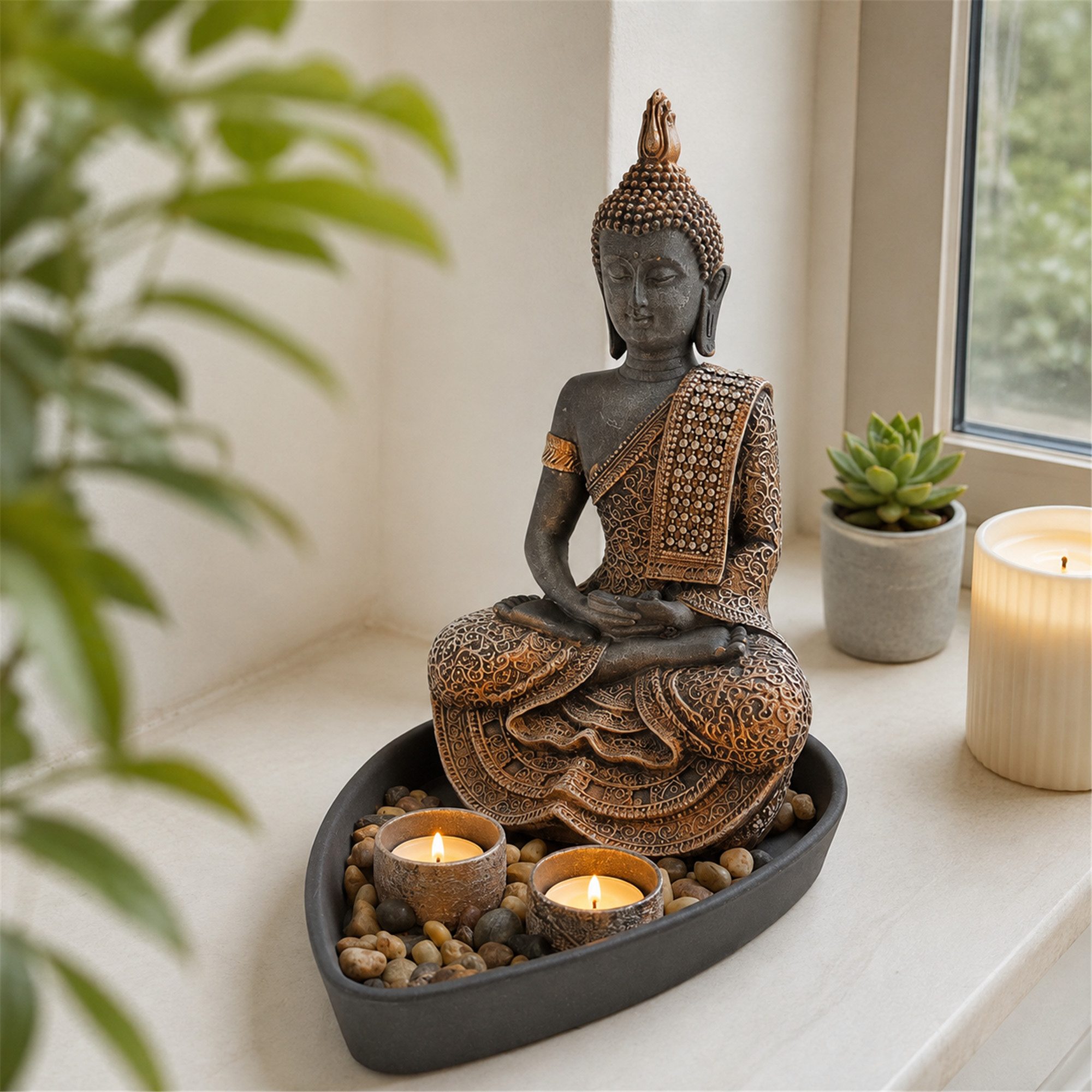 INtrenDU Buddhafigur sitzend mit Schale, Dekosteinen und 2 Teelichtern, Schärpe mit Strass besetzt