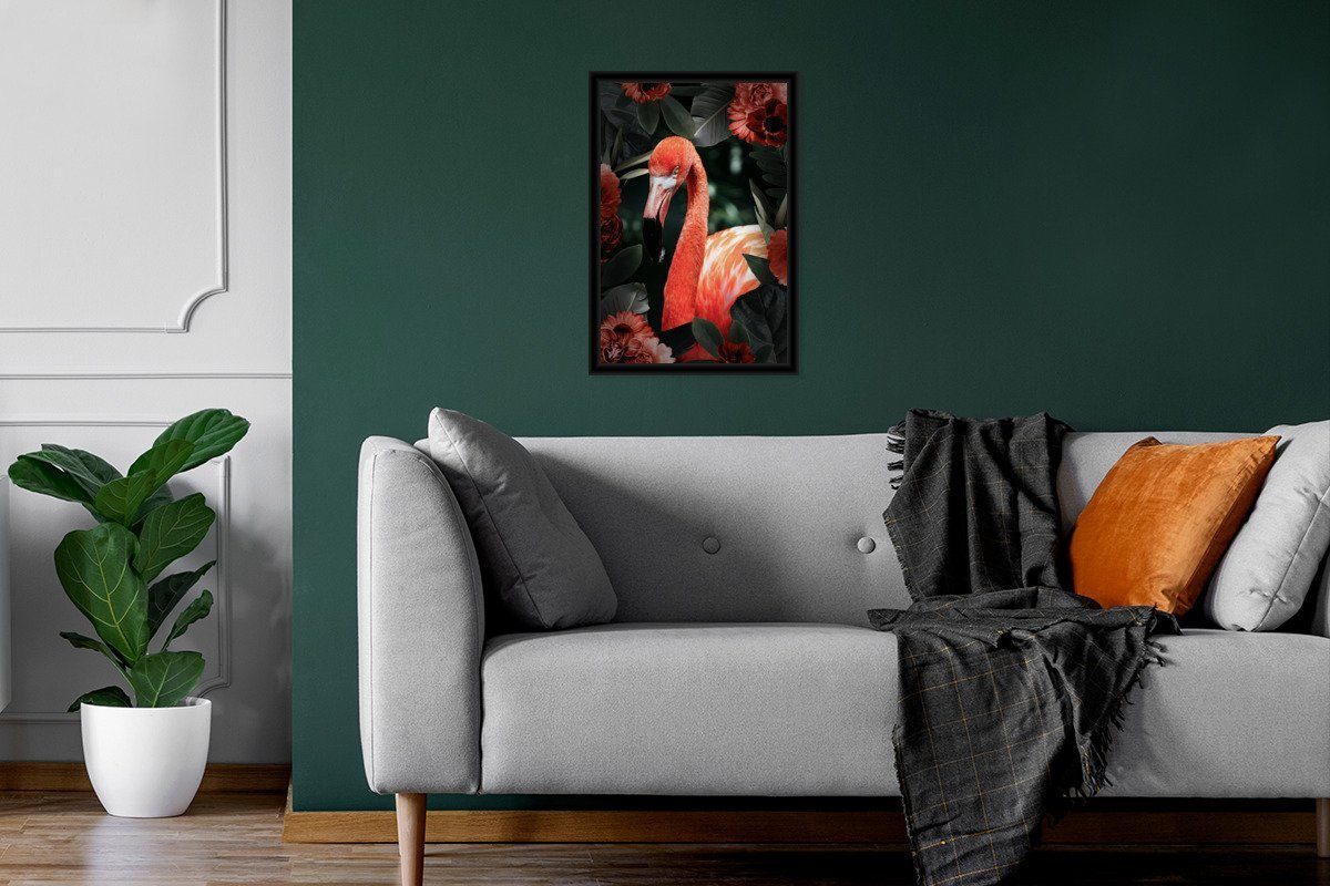 MuchoWow Poster Flamingo Poster, Blume, Wandposter, Rot Bilderrahmen - Bilder, Schwarzem (1 - St), Gerahmtes Wanddeko